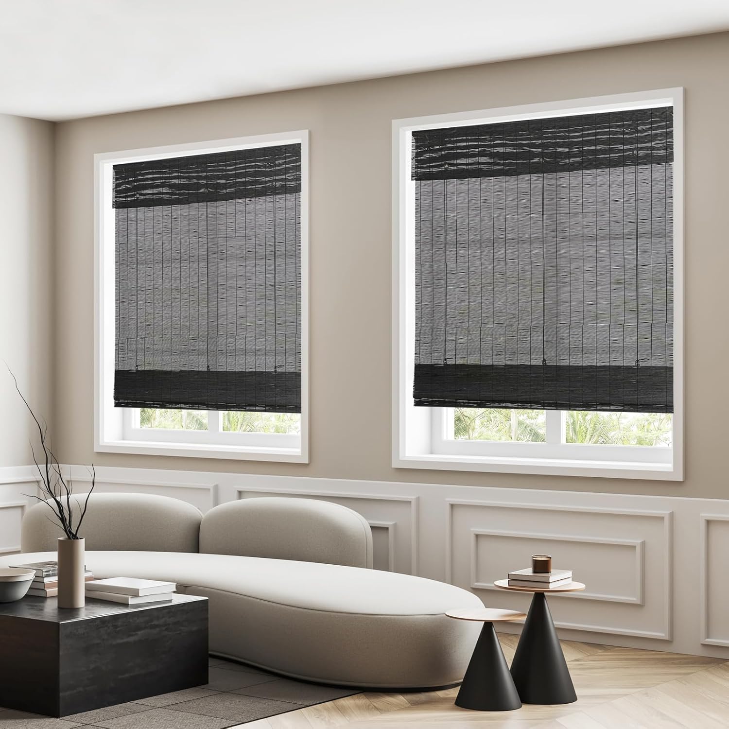 Bamboo Window Roman Shades, Black, Indoor/Outdoor Light Filter/Sheer Wood Window Blinds