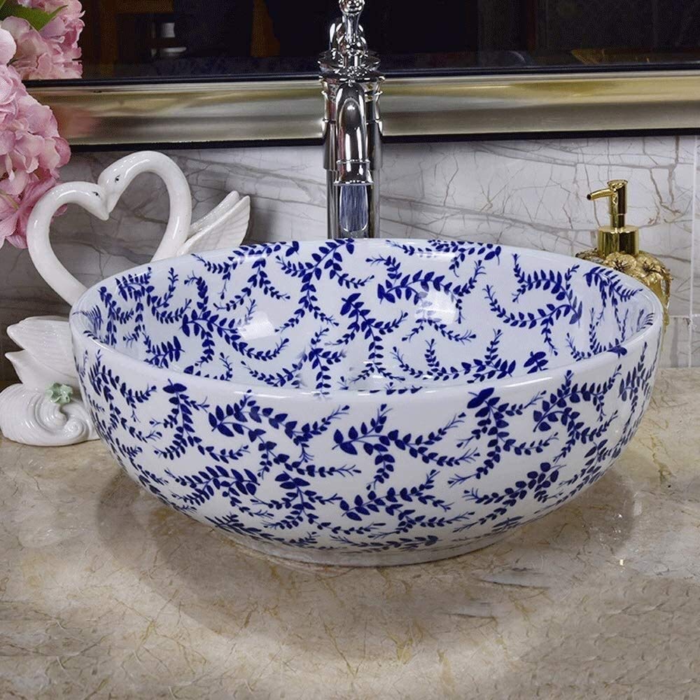 Éviers, lavabo de salle de bain évier de luxe hôtel art évier moderne rond en céramique lavabo de salle de bain au-dessus du comptoir Art bol en porcelaine peint à la main motif feuilles lavabo
