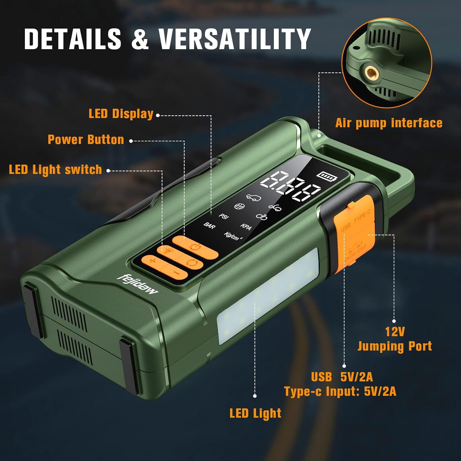 Jump Starter with Air Compressor,5000A Car Battery Jumper Starter, 16000mAh Battery Jumper Starter Portable for 10L Gas/Diesel Engine with 160PSI Booster,LED Display & Light,Jumper Cables
