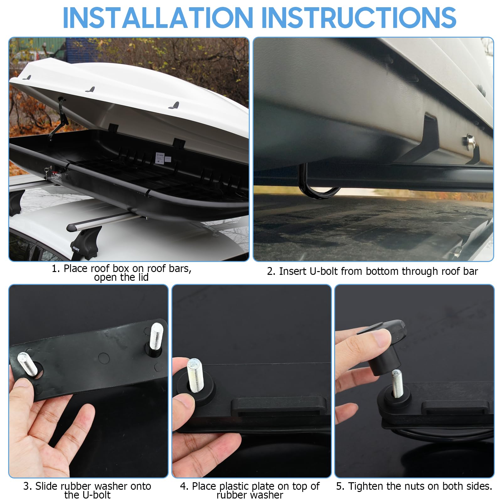 Kit de Fixation en U pour Coffre de Toit, 4 Jeux Boulons Universel, Largeur Interne 85 mm, avec 8 Ecrous de Blocage et 2 Bandages, Accessoire de Montage pour Véhicule SUV et Utilitaire