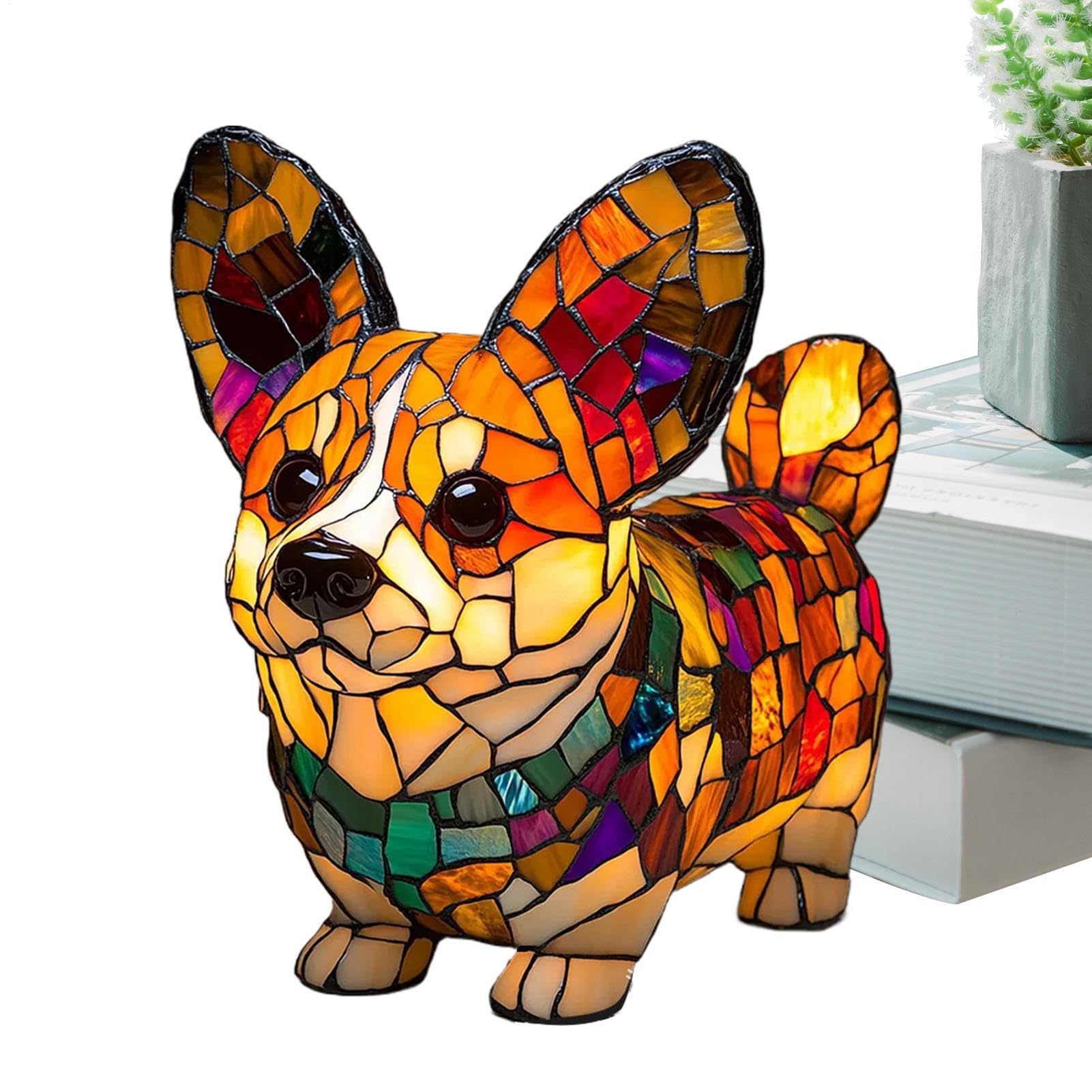 Corgis Lamp, Pug Lamp, Animal Series Art Night Light, Retro Cat Stained Resin Table Light, Stained Glass LED Illumination, Uniques Animal Themed Home Decor, Funny G'ifts for Dog, Cat, Animal Lovers