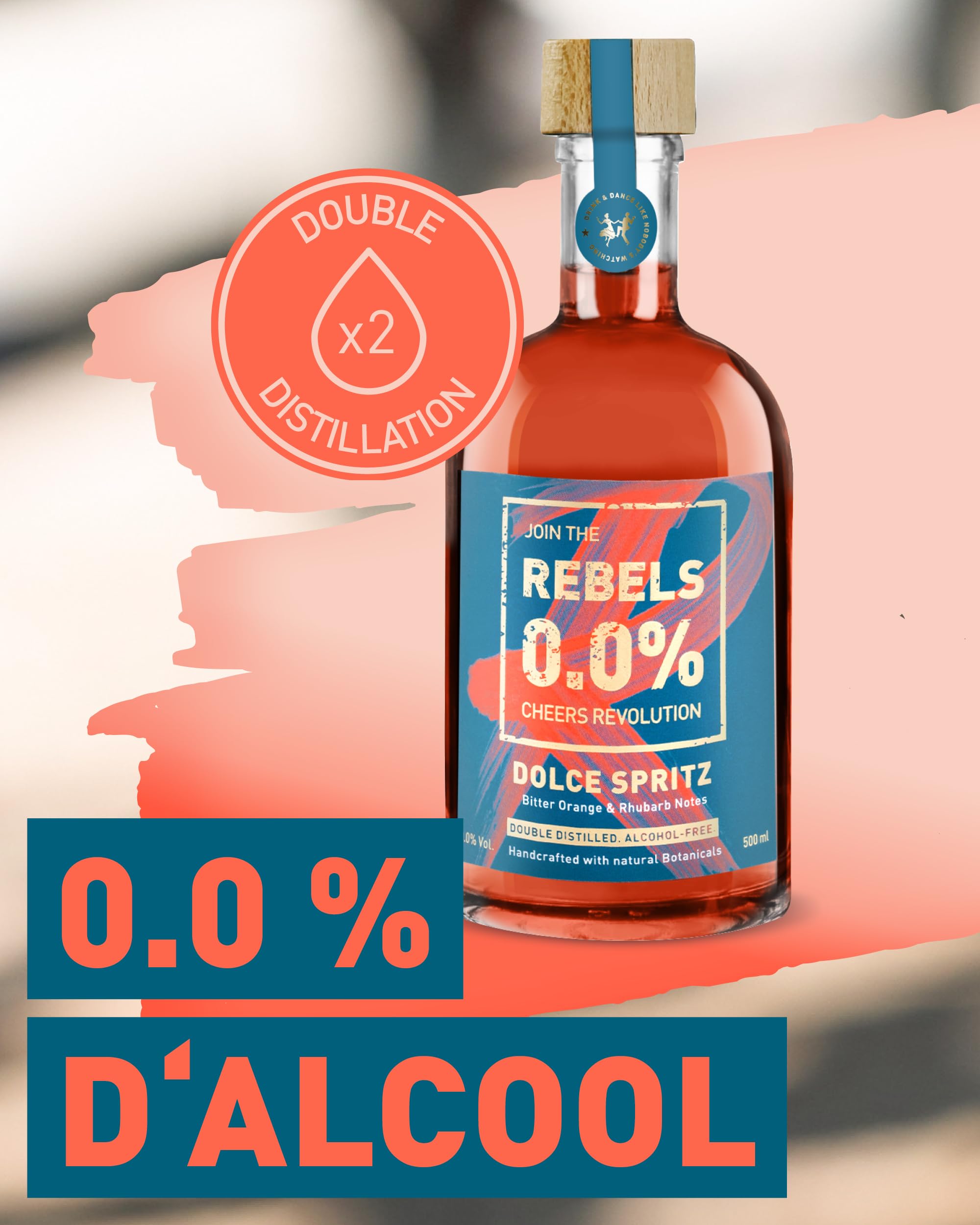 REBELS 0.0% Dolce Spritz Sans Alcool | Distillé deux fois pour un arôme intense | Goût primé | Végan | Botaniques naturels | À mixer pour un cocktail sans alcool | Boisson sans alcool 500ml