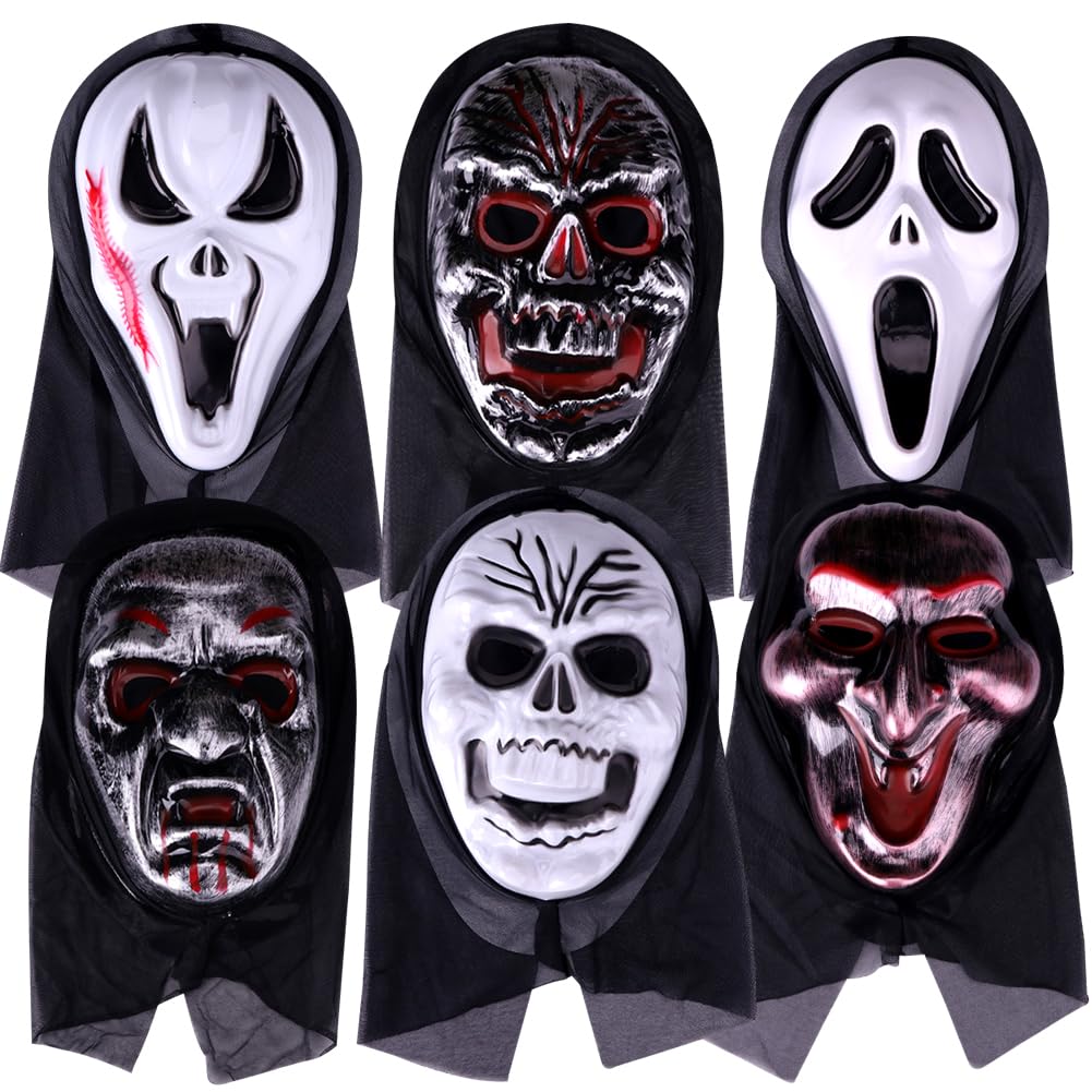 Halloween Scary Masks, 6 PCS Scream Masks for Adults/Kids, Skull Cosplay Mask, Halloween Dress Party Masquerade Scary Bar Anonymous Mask for Men Women A