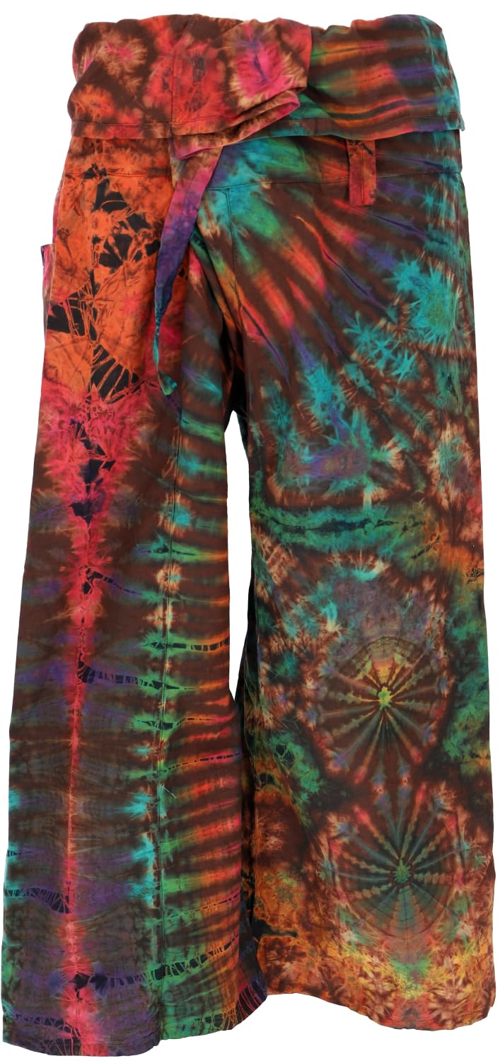 GURU SHOP, Pantalones de pescador tailandés hechos de algodón, pantalones envolventes, pantalones de yoga, pantalones batik, M/L marrón/color, talla: talla única, pantalones de pescador y pantalones