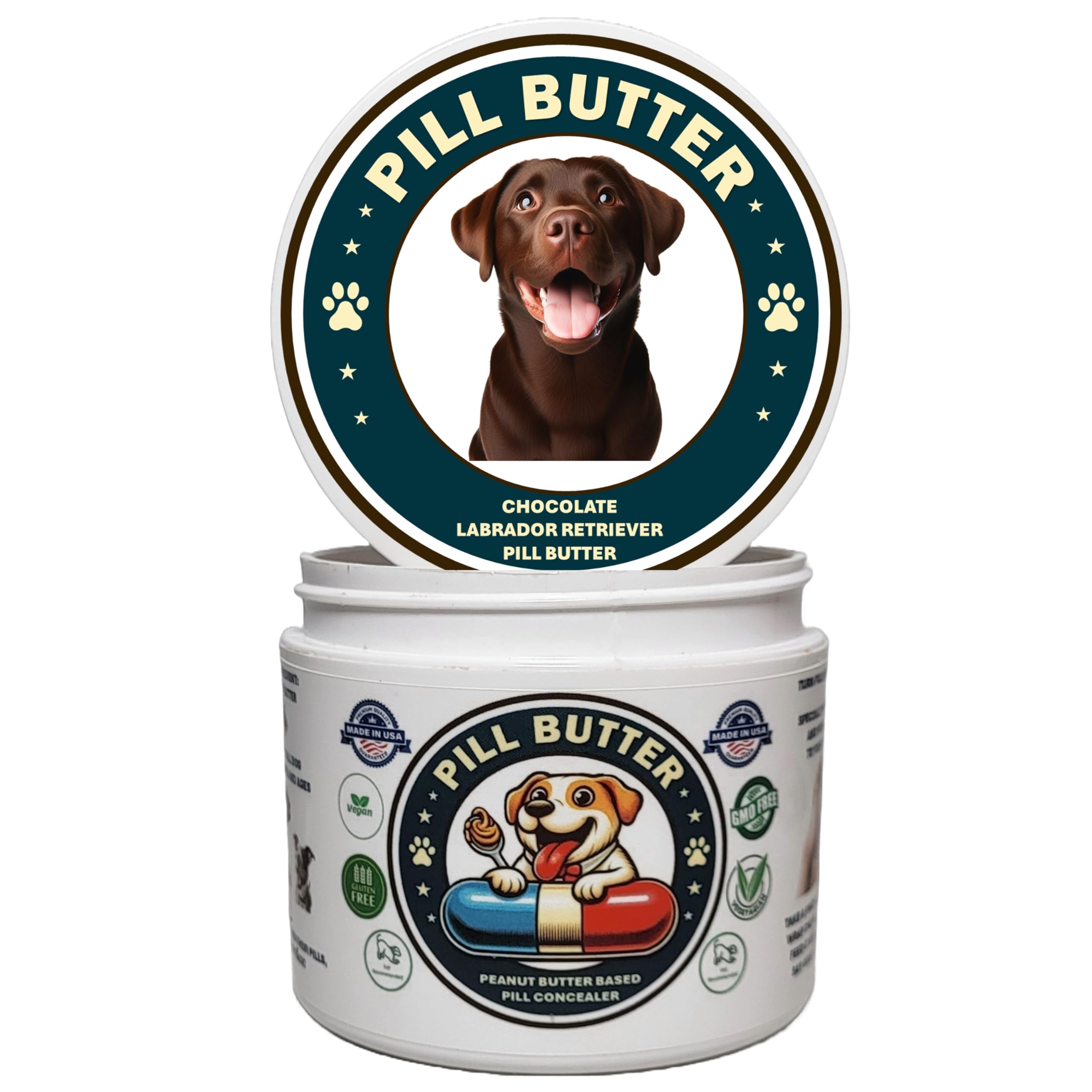 Chocolate Labrador Retriever Dog Treats to Wrap Pills (+100 Breeds) Jar of Non-Sticky Moldable Paste Made of Real Human Grade Dog Peanut Butter Treat,