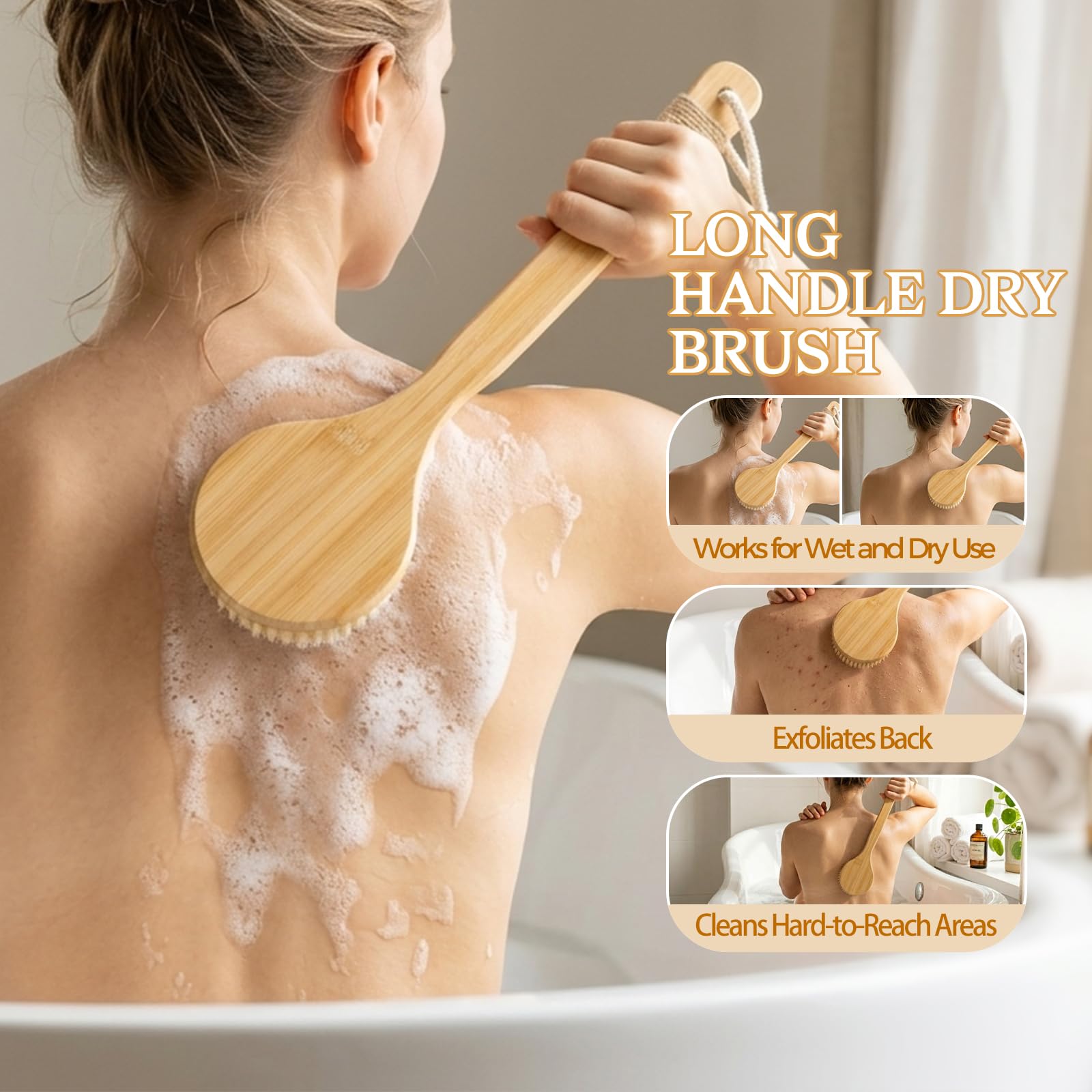 5 Packungen Trockenbürsten Körperbürsten-Set für Lymphdrainage, Cellulite-Massagegerät und Kopfhautpflege, Langer Griff Trockenbürste für Körper, Natürliche Wildschweinborsten Körperbürste
