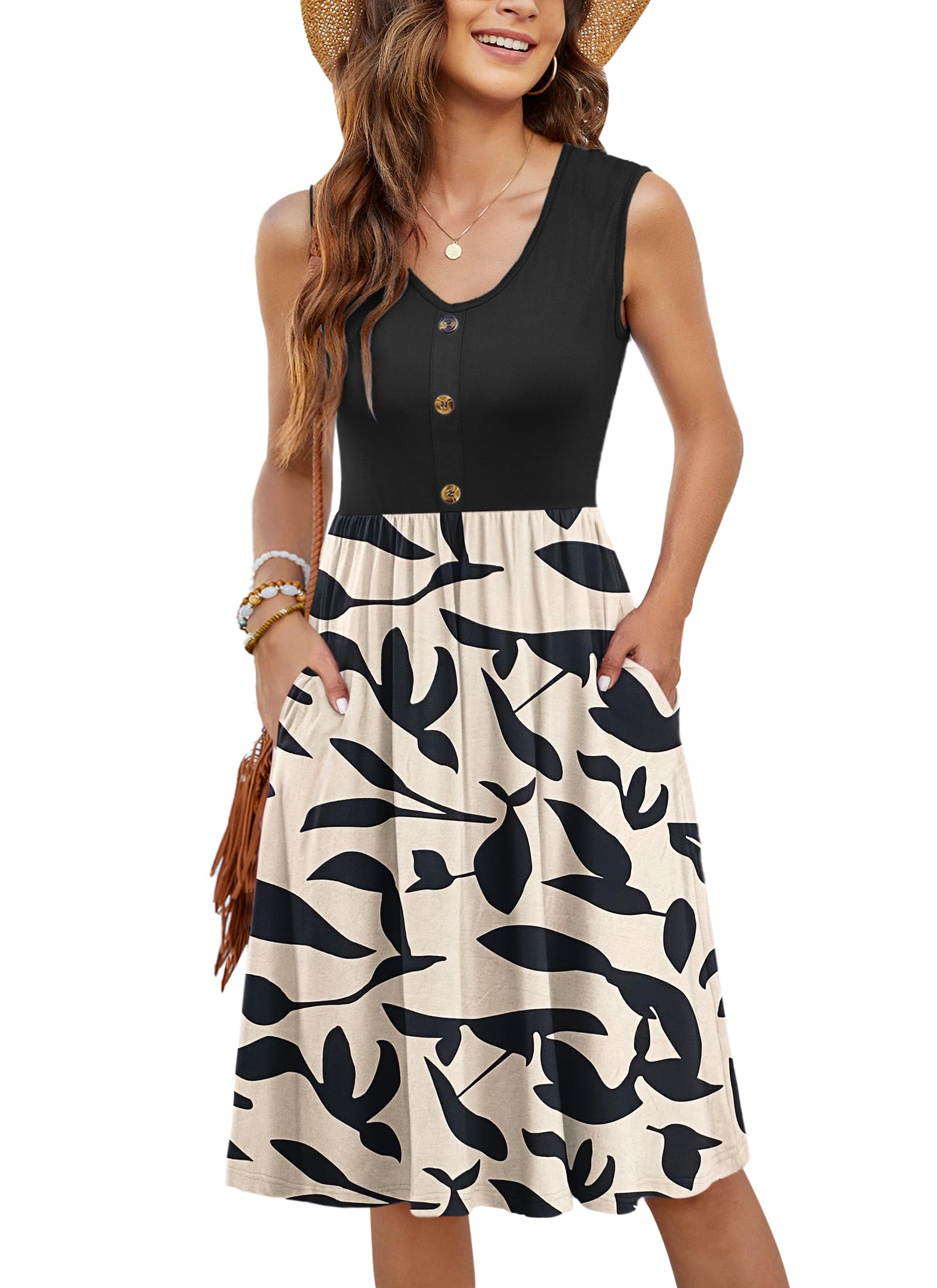 MOLERANI Damen Sommerkleider Ärmellos Lässig Locker Swing Button-Down Midikleid mit Taschen