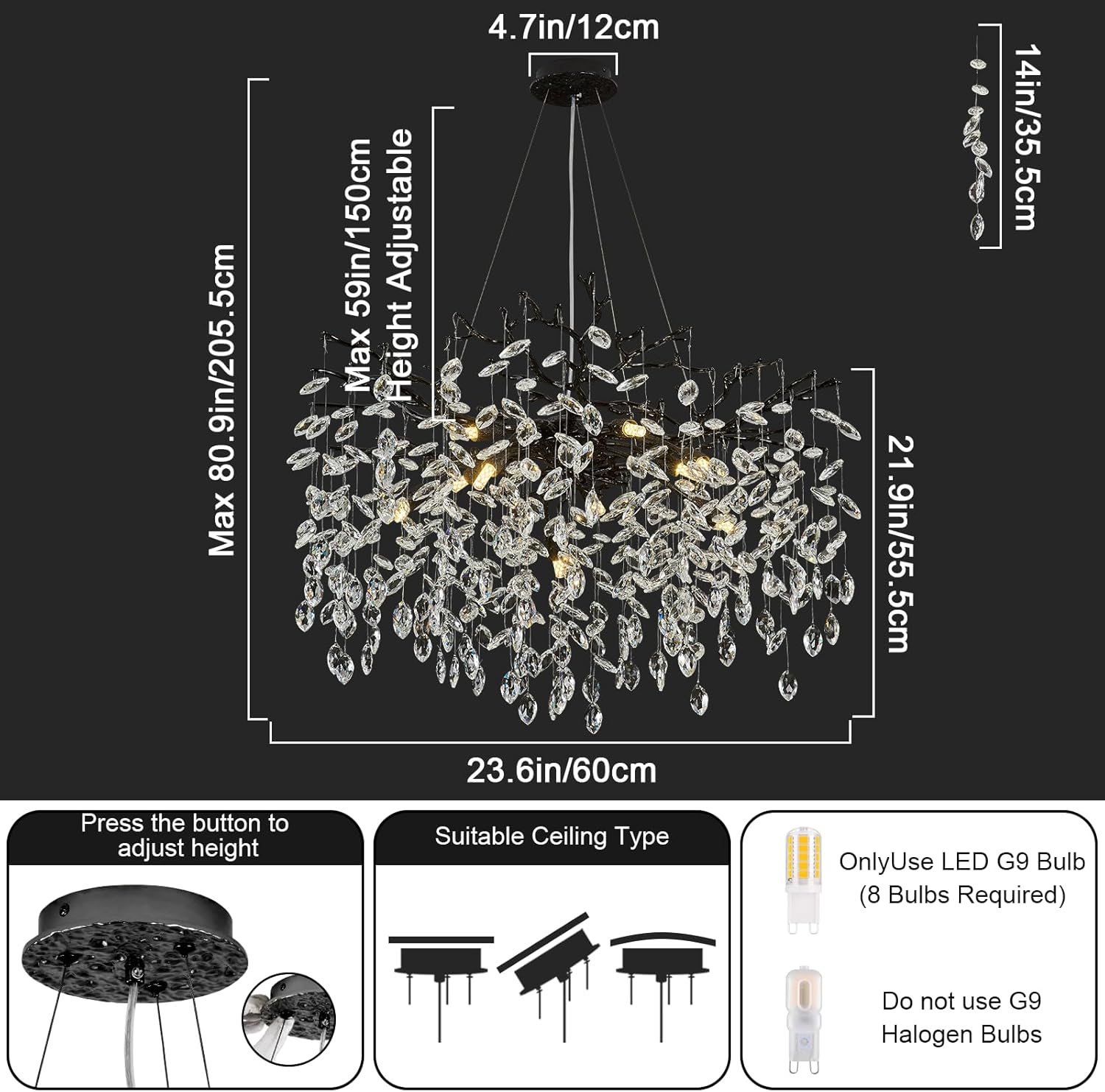 Black Chandelier for Dining Room, 31.5" Moder K9 Crystal Tree Branch Crystal Round Chandeliers for Living Room,High Ceiling,Kitchen Island,Foyer,Staircase,Bathroom