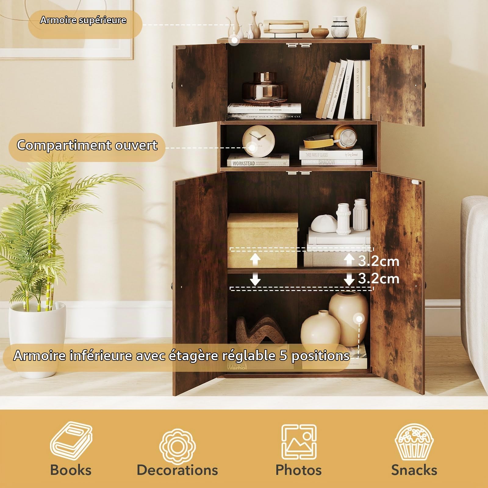 KOMFOTTEU Bibliothèque Étagère 110cm Hauteur Meuble Rangement Marron Salon