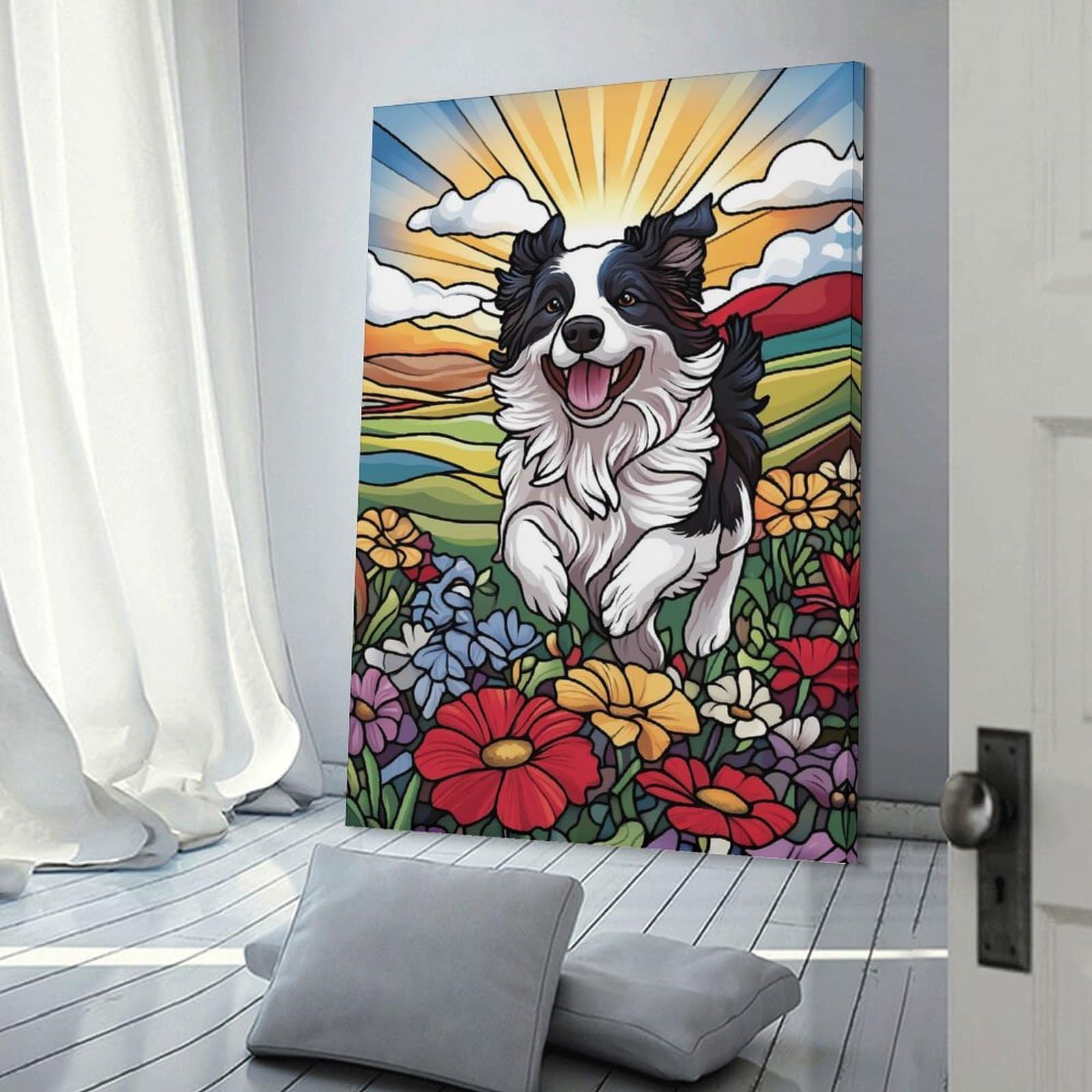 Junmoney Happy Border Collie in Field Wall Art Print, 20x30inch(50x75cm), for Study, Office Or Focused Interiors, Home Office Artwork with Decorative Appeal