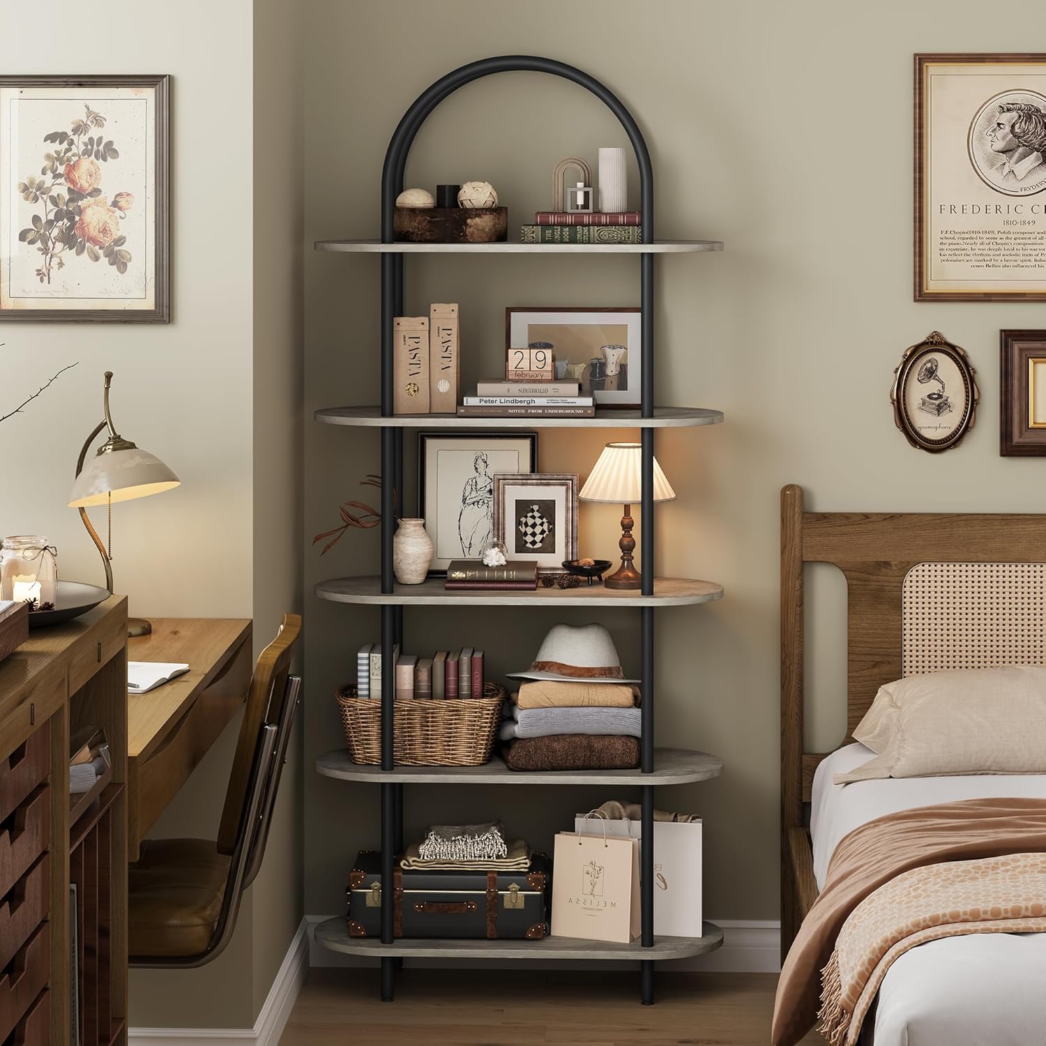 Libreria a 5 ripiani, alta ad arco, 80 x 30 x 180 cm, con struttura in metallo, moderna espositore con piedini regolabili, scaffale aperto autoportante per camera da letto, soggiorno, nero+grigio