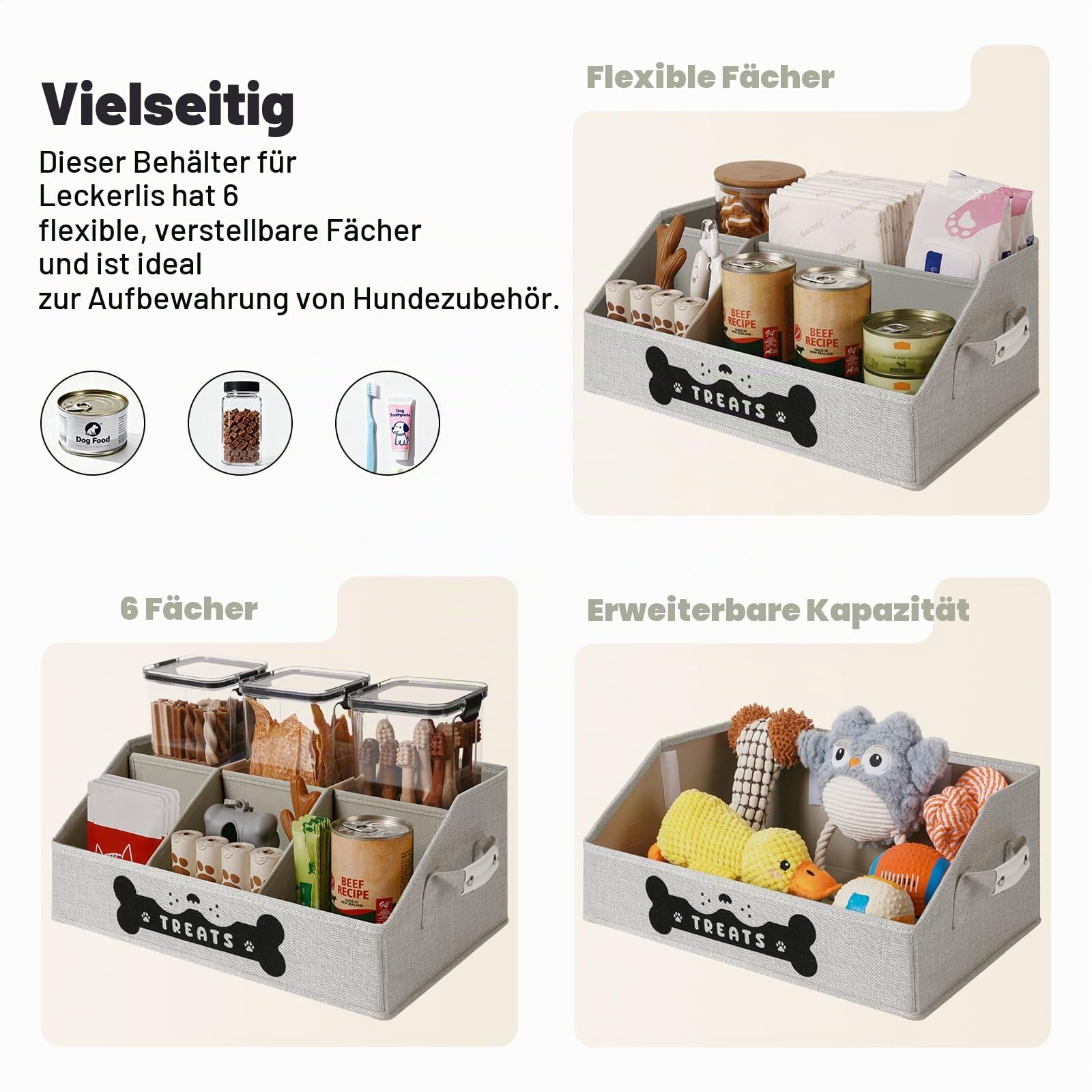 Hunde-Leckerli-Behälter, Aufbewahrungsorganizer für Hunde mit herausnehmbaren Trennwänden, zusammenklappbarer Leckerli-Halter für Hunde für die Arbeitsplatte, Trapez-Haustier-Leckerli-Behälter