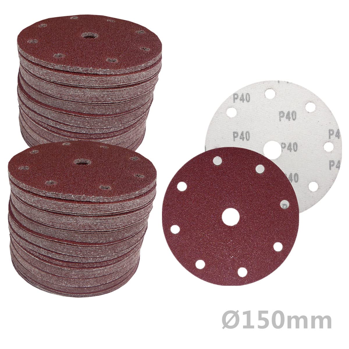 100 dischi abrasivi in velcro, diametro 150 mm, grana 9 fori, grana P40 eccentrica