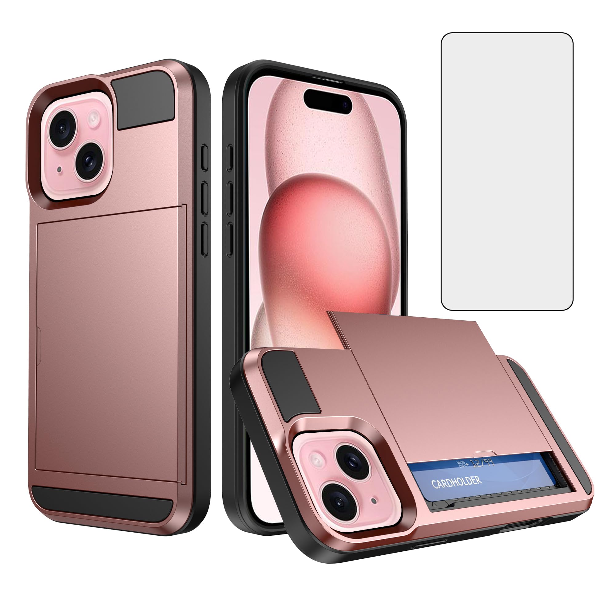 – Asuwish Phone Case for iPhone 15 Plus 6.7 inch with Tempered Glass Screen Protector Cover and Card Holder Hybrid Full Body Protective Shockproof Cell Accessories i Phone15 15+ i15 + 15Plus Rose Gold