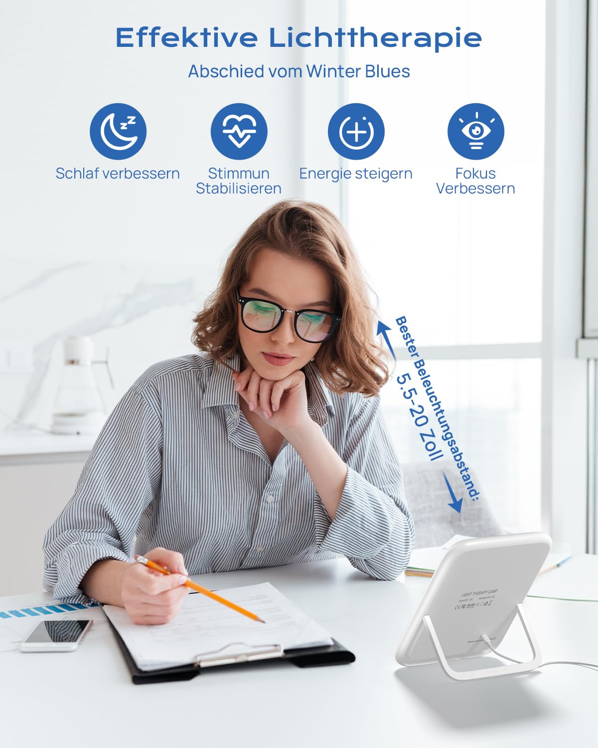 Tageslichtlampe 10000 Lux UV-Frei Sonnenlicht Lampe für Depressionen, Lichttherapielampe mit Memory Funktion, 4 Timer, 3 Farbtemperaturen, Stufenlose Helligkeit, Faltbar