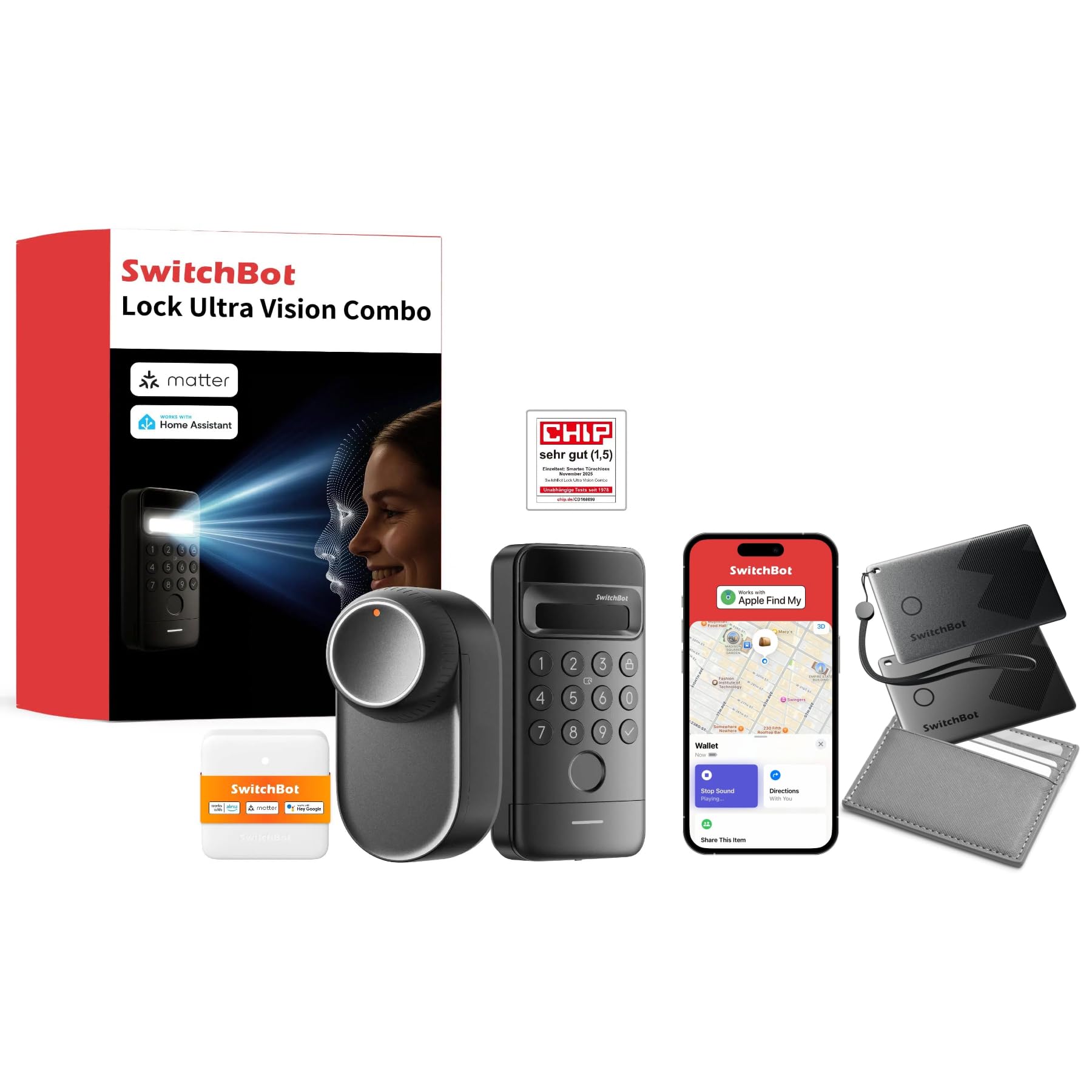 SwitchBot WiFi Smart Lock Ultra con Tastierino e Riconoscimento Facciale 3D e Wallet Finder Card 2Pezzi, Serratura Smart con Impronte Digitali, Serratura Elettronica con Batteria Ricaricabile