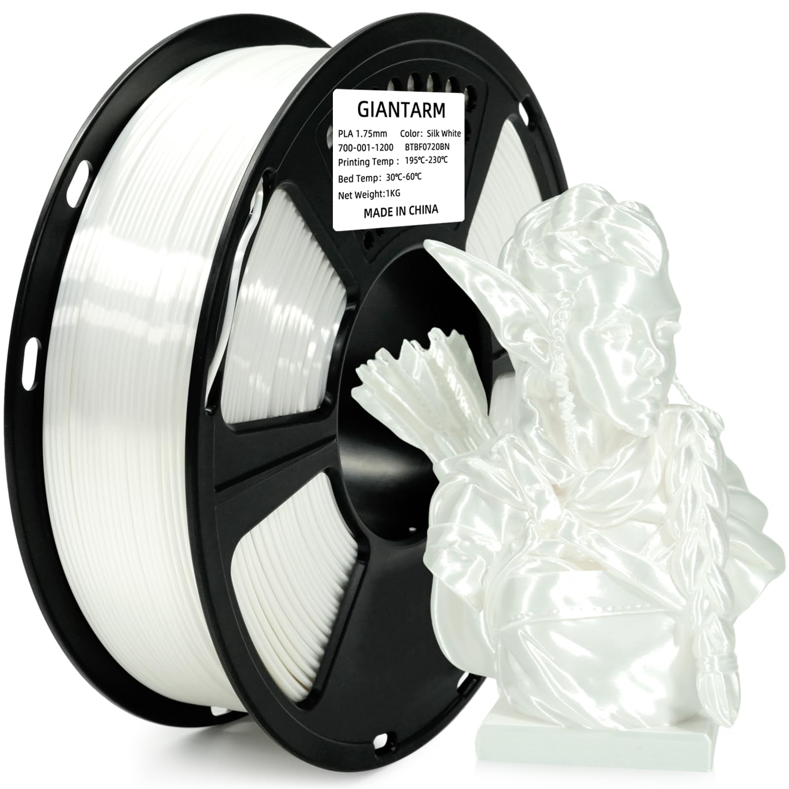 GIANTARM 3D Printer Filament, Silk White Pla Filament, 1Kg(2.2lbs) Spool, 1.75mm Dimension Accuracy +/- 0.03mm, 3D Printing Filament