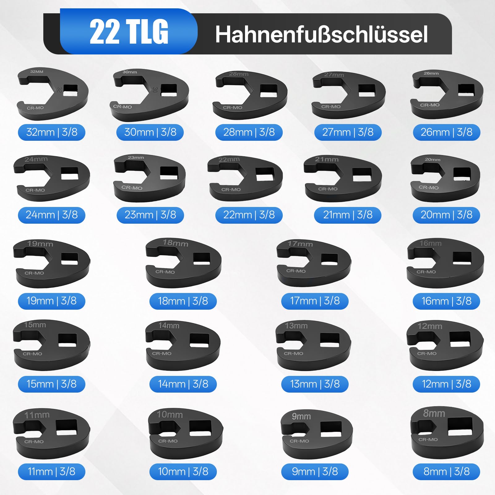 22 TLG Hahnenfußschlüssel, Drehmoment 1/2" 3/8" Außenvierkantantrieb 8-32mm Hahnenfuß Schlüssel Maulschlüssel Steckschlüssel, Tragbare Aufbewahrungsbox