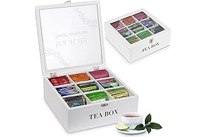Handrong Wooden Tea Box Organizer with 9 Compartments and Glass Cover