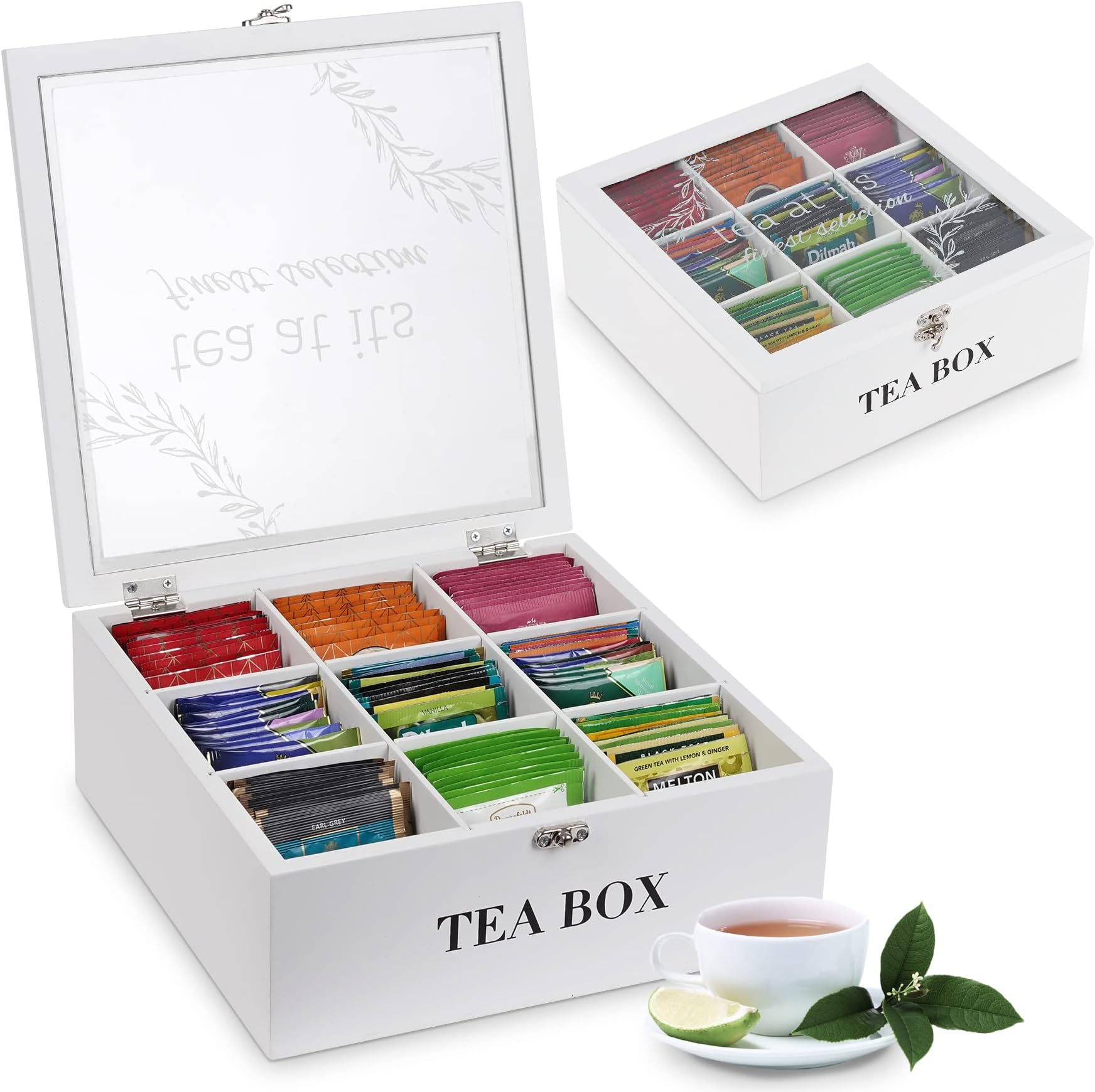 Tea Box Organizer,Wood Tea Bag Holder Organizer,Modern Teas Bag Storage with 9 Compartments and Glass Cover for Home Office Gift