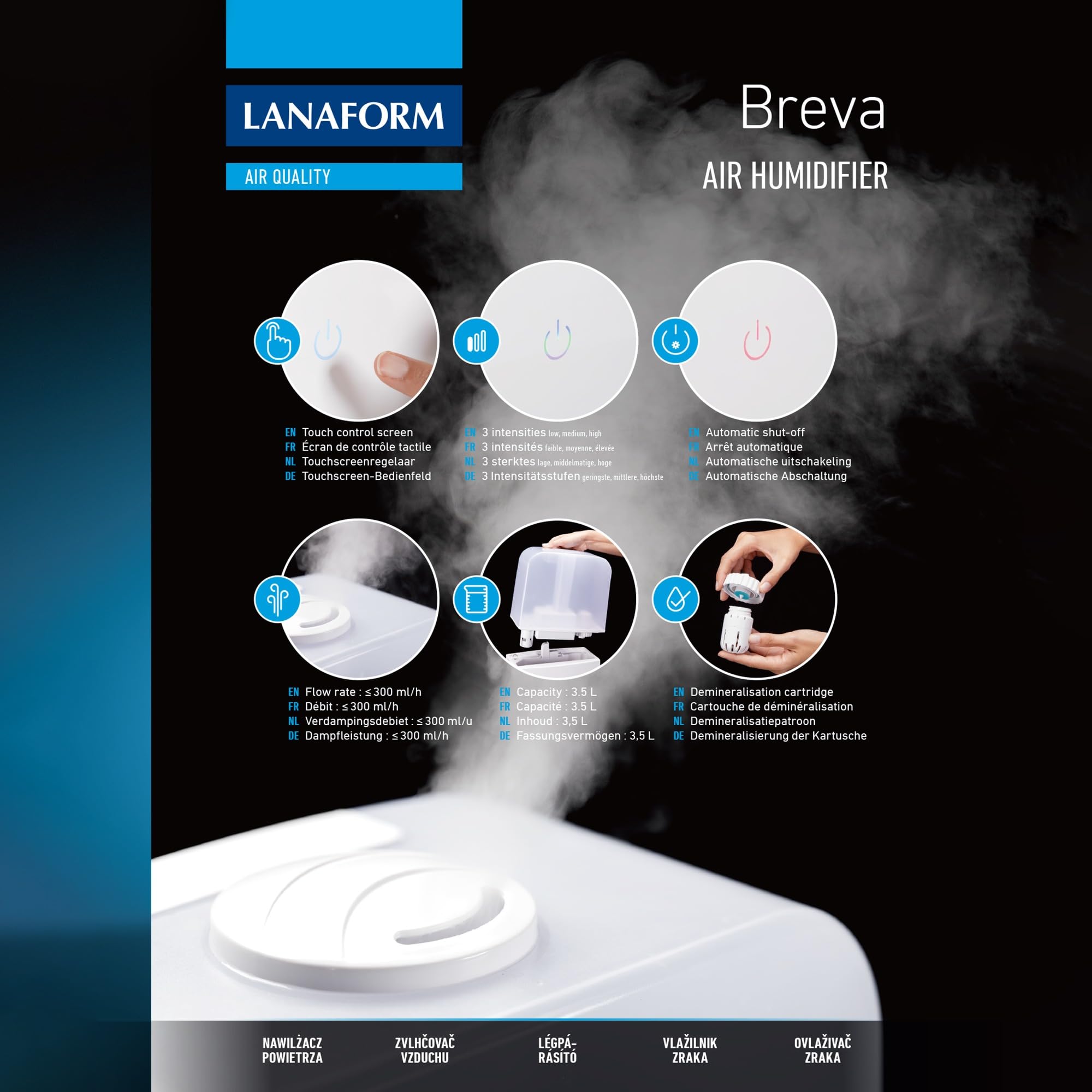 LANAFORM - Breva - Humidificateur D'air - Humidificateur D'air Chambre - Plusieurs Modes - Silencieux - 3.5 L