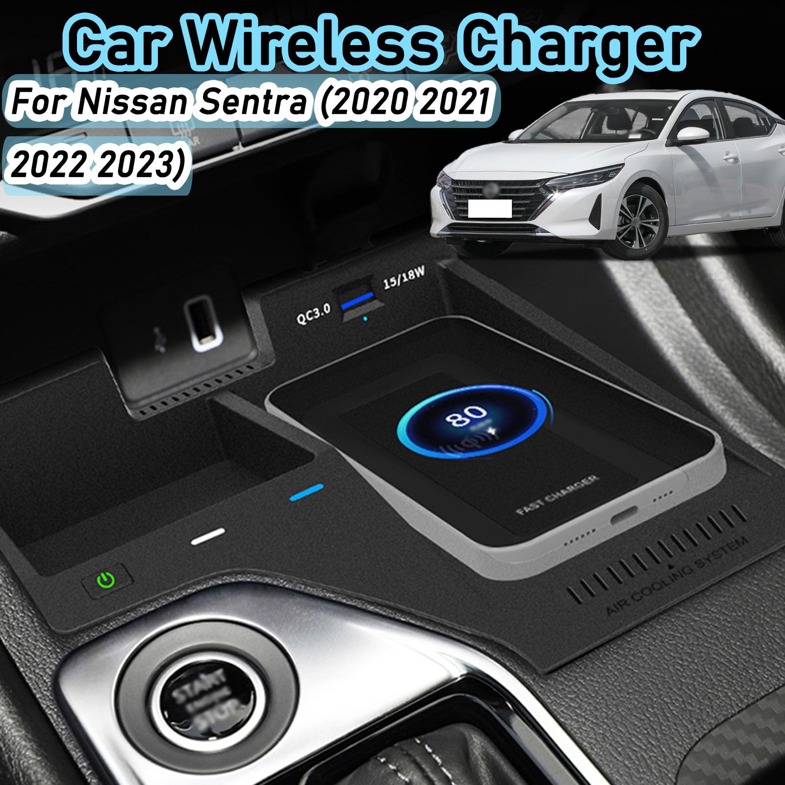 CenNa Caricabatteria per Auto Wireless per Ni-ssan Sentra (2020-2023) Accessorio per Tutti I Modelli con Ricarica Wireless da 15 W E Ricarica USB Qc3.0, Regalo per La Famiglia