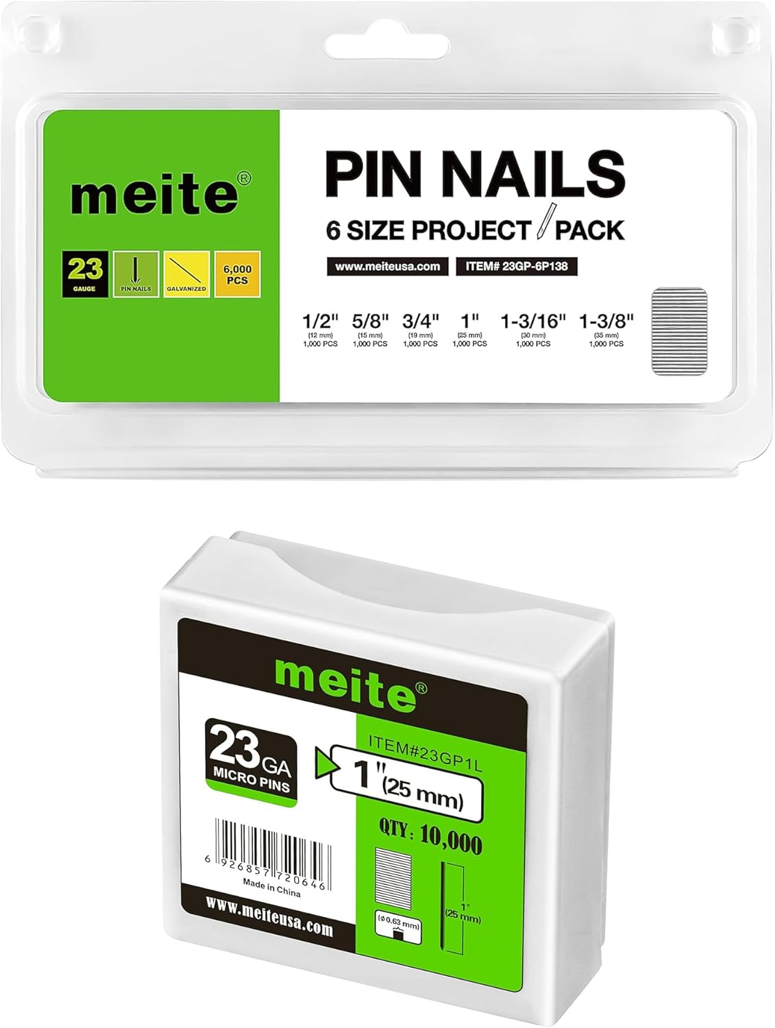 meite 1-3/8" Galvanized 23 Gauge Pin Nails - 10000 Counts and Assorted 5 Sizes (3/8", 1/2", 5/8", 3/4", 1") Galvanized Pin Nails - 10000 Counts