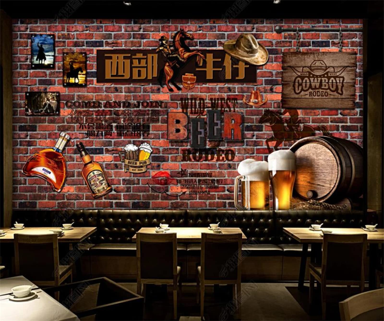 Papier peint decoration restaurant pour masquer un mur nu avec style western