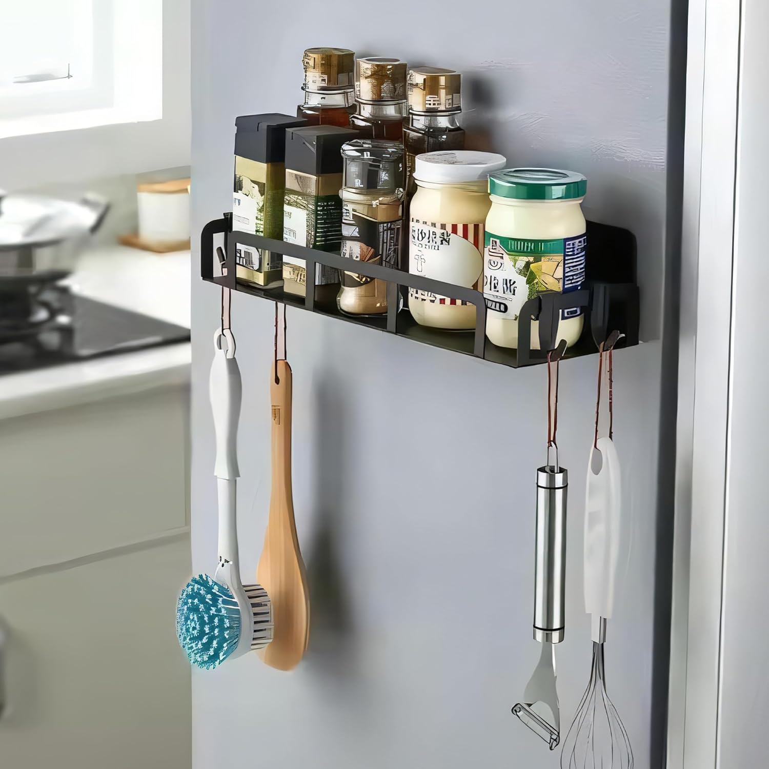 Urbane Home Single Tier Iron Fridge Side Rack with Side Hooks Hanger Magnetic Kitchen Organizer Storage Shelf for Refrigerator & Bathroom | Black Urbane Home Single Tier Iron Fridge Side Rack with Side Hooks Hanger Magnetic Kitchen Organizer Storage Shelf for Refrigerator & Bathroom | Black