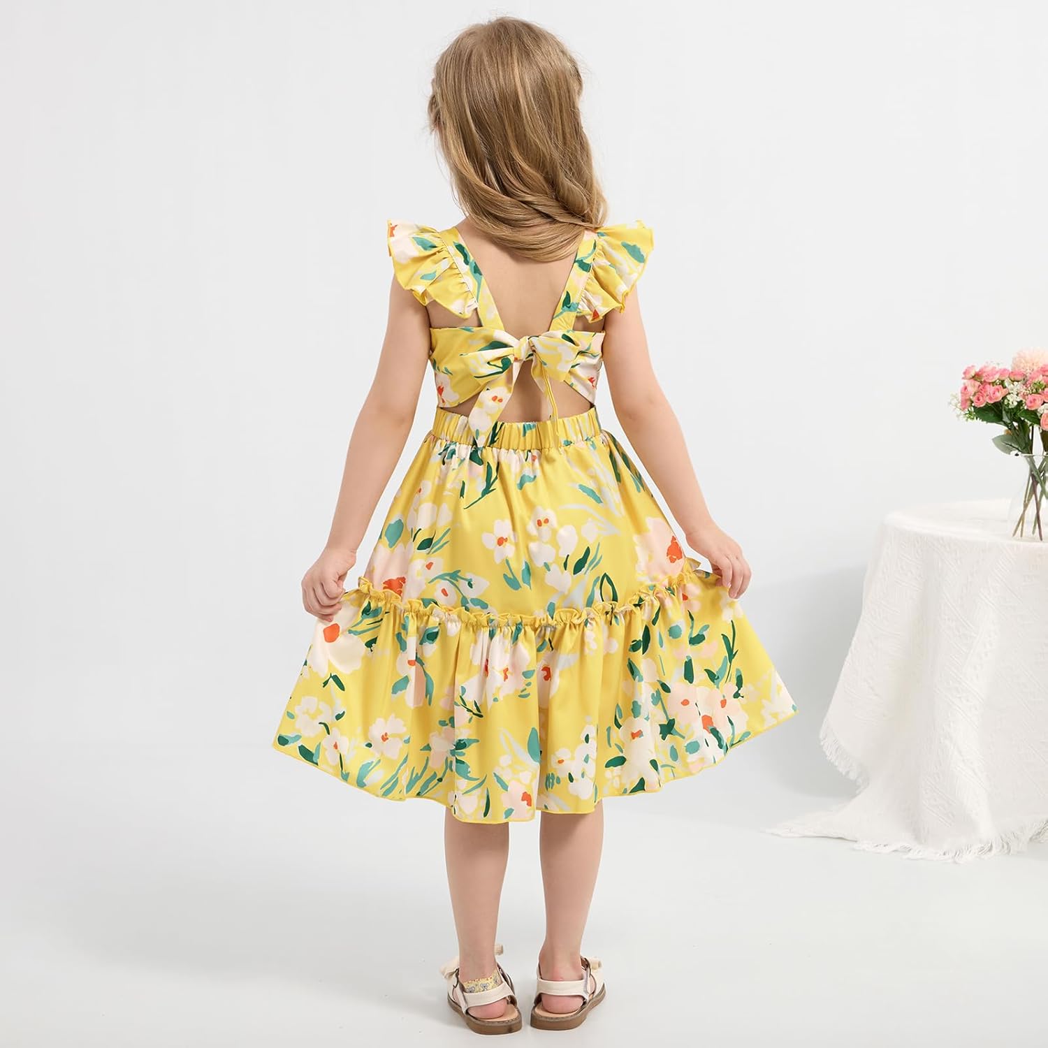 Girls Summer Floral Dresses Tie Back Flutter Sleeves Casual Spring Dress for 4-12 Years - Image 3