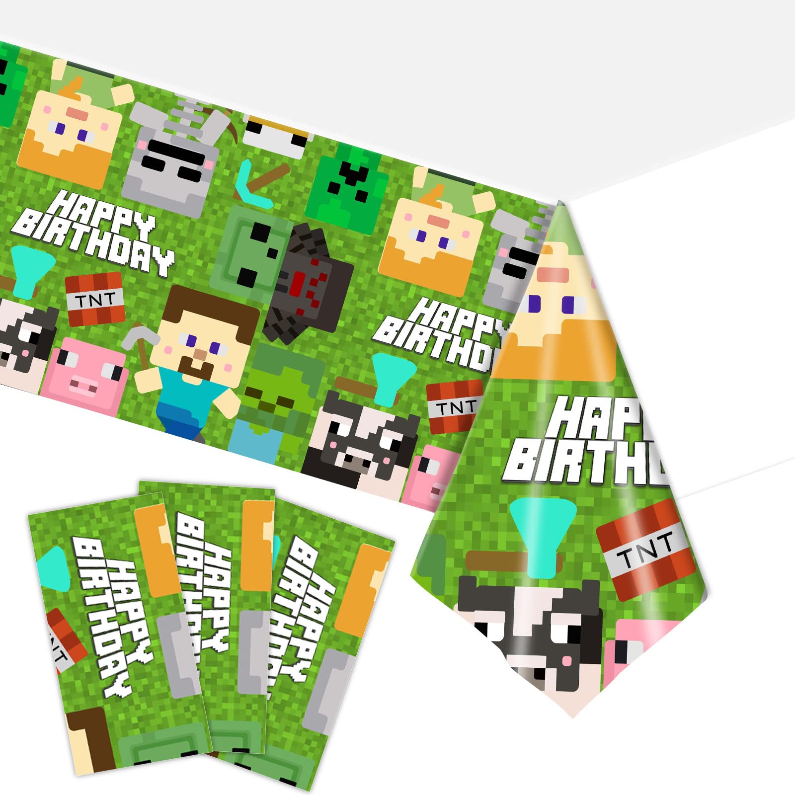 FUNOWN3 Pieces Pixel Miner Tablecloth Video Game Table Cover Disposable Mining Block Tablecloth Kids Birthday Party Pixel Style Tablecloth Game Party Decoration