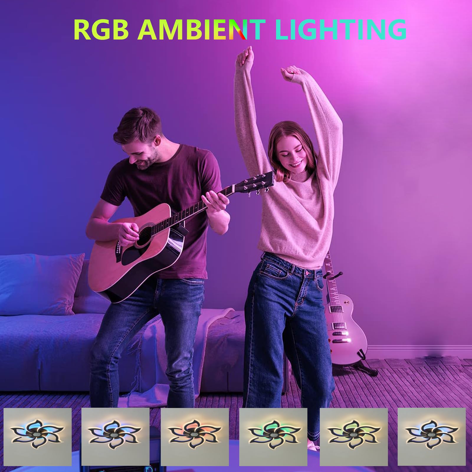 Plafoniera Soffitto RGB è Dotata di Sei Petali Lampadario Altoparlante Bluetooth Telecomando App Lampadari Dimmerabile 3 Temperature di Colore Timer Funzione di Memoria per Camere da Letto, Nero