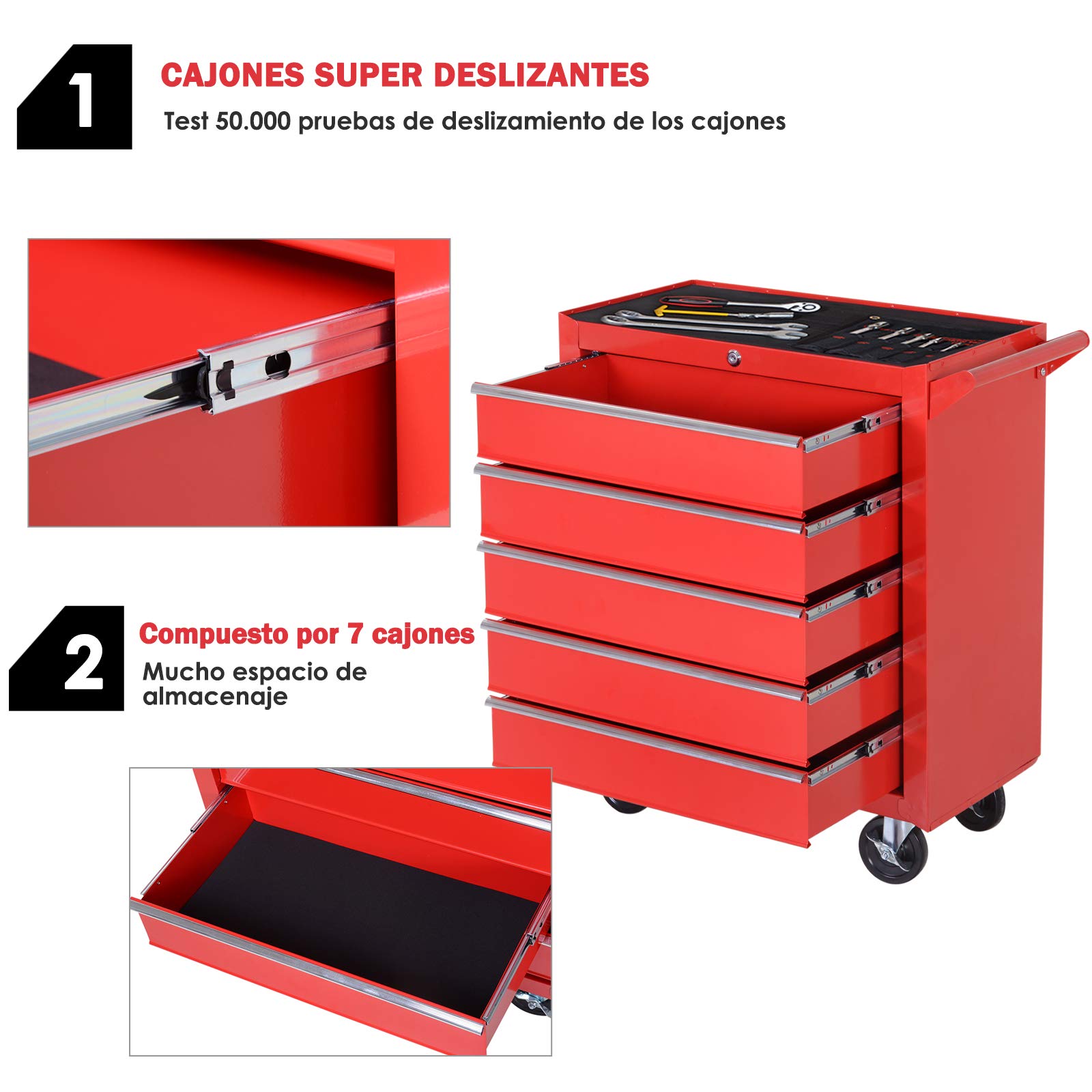 DURHAND Caja Taller Carro de Herramientas con Ruedas Cerradura Tipo Mueble de Almacenamiento para Taller Garaje y Hogar Chapa de Acero 69x33x75cm Rojo