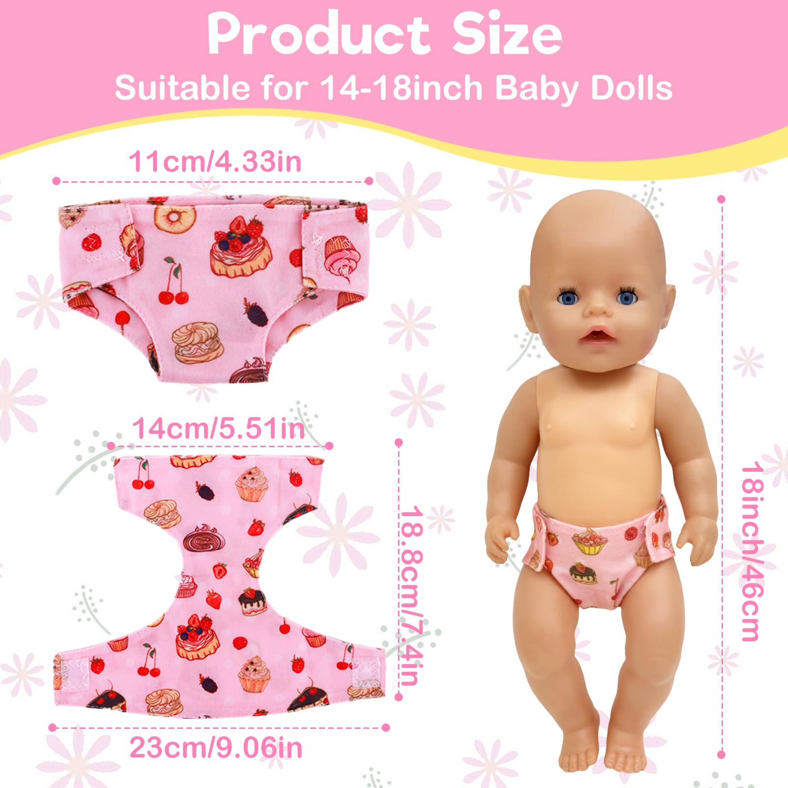 6 Pcs Doll Diapers for Baby Dolls 14-18 inches, Cute Doll Accessories for Baby Dolls 30-43 cm, Reusable Doll Accessories - Image 2