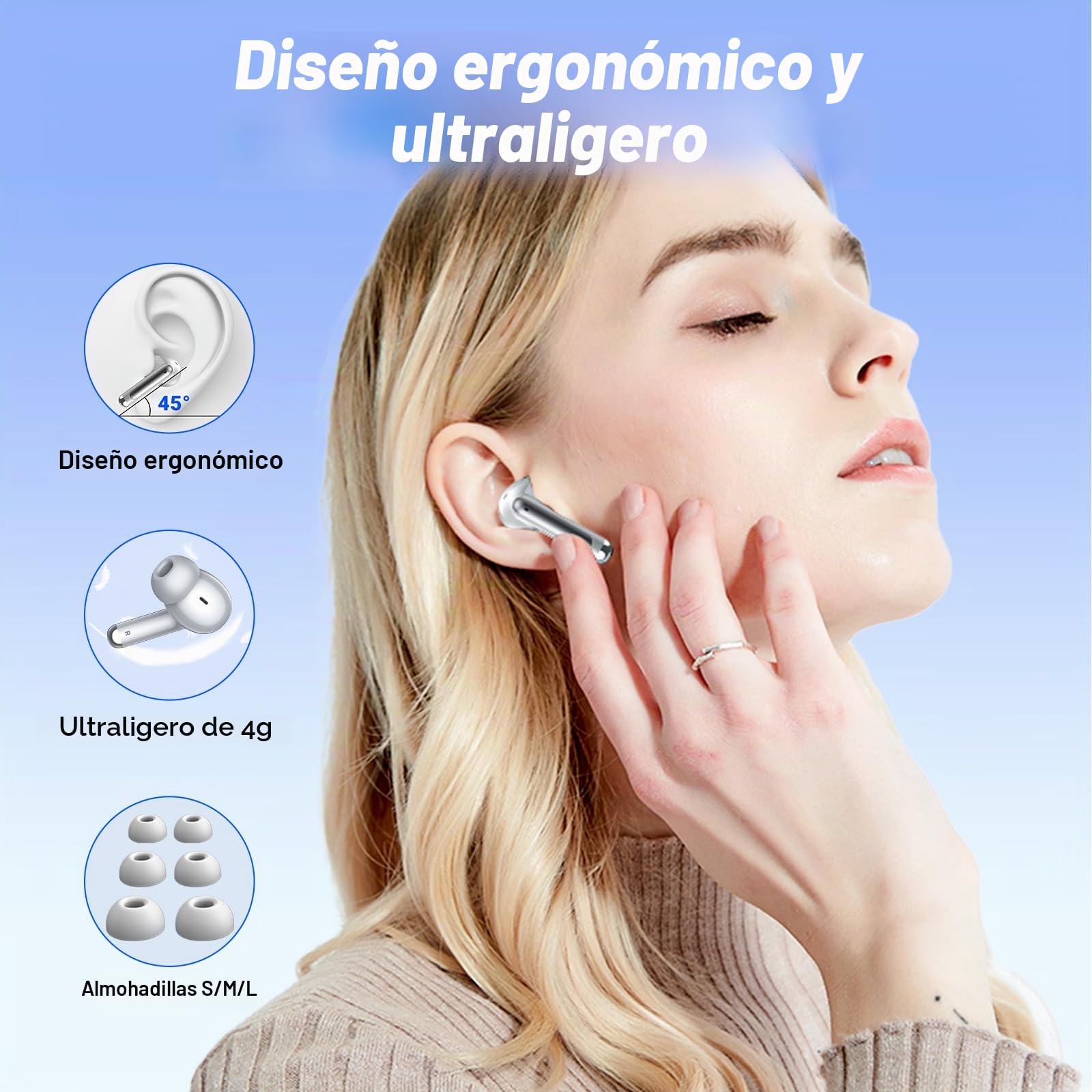 Auriculares Inalambricos Bluetooth Cascos Inalámbricos con HiFi Estéreo,4 Mic con Reducción de Ruido ENC,Bluetooth 5.3,48H Playtime,Impermeable IPX7,Pantalla Pantalla de energía LED Gris
