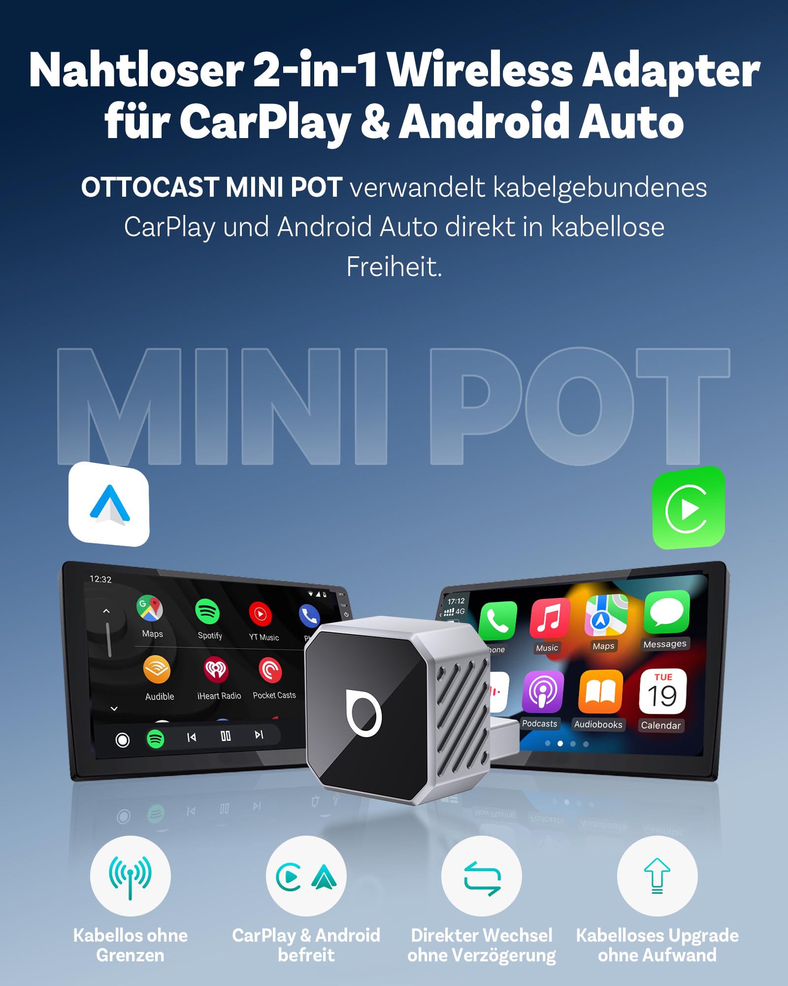 OTTOCAST Mini Pot, 2026 Upgrade Wireless CarPlay & Android Auto Adapter, Plug & Play, WLAN 2.4G+5G, Automatische Verbindung, Kompatibel mit Autos ab 2016 mit kabelgebundenem CarPlay/AA (Silber)
