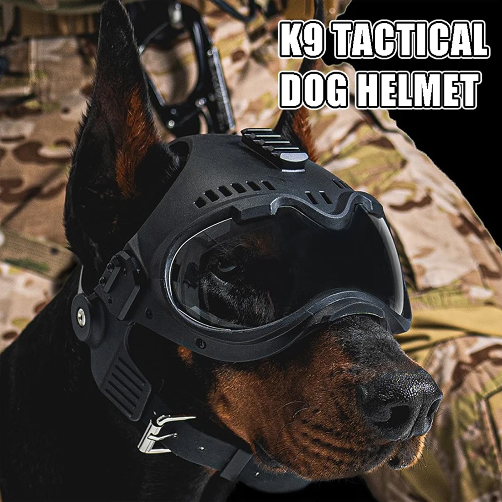 Casco tattico K9 per cani con occhiali per K9 e cani da lavoro militari con protezione per le orecchie rimovibile sulla parte superiore