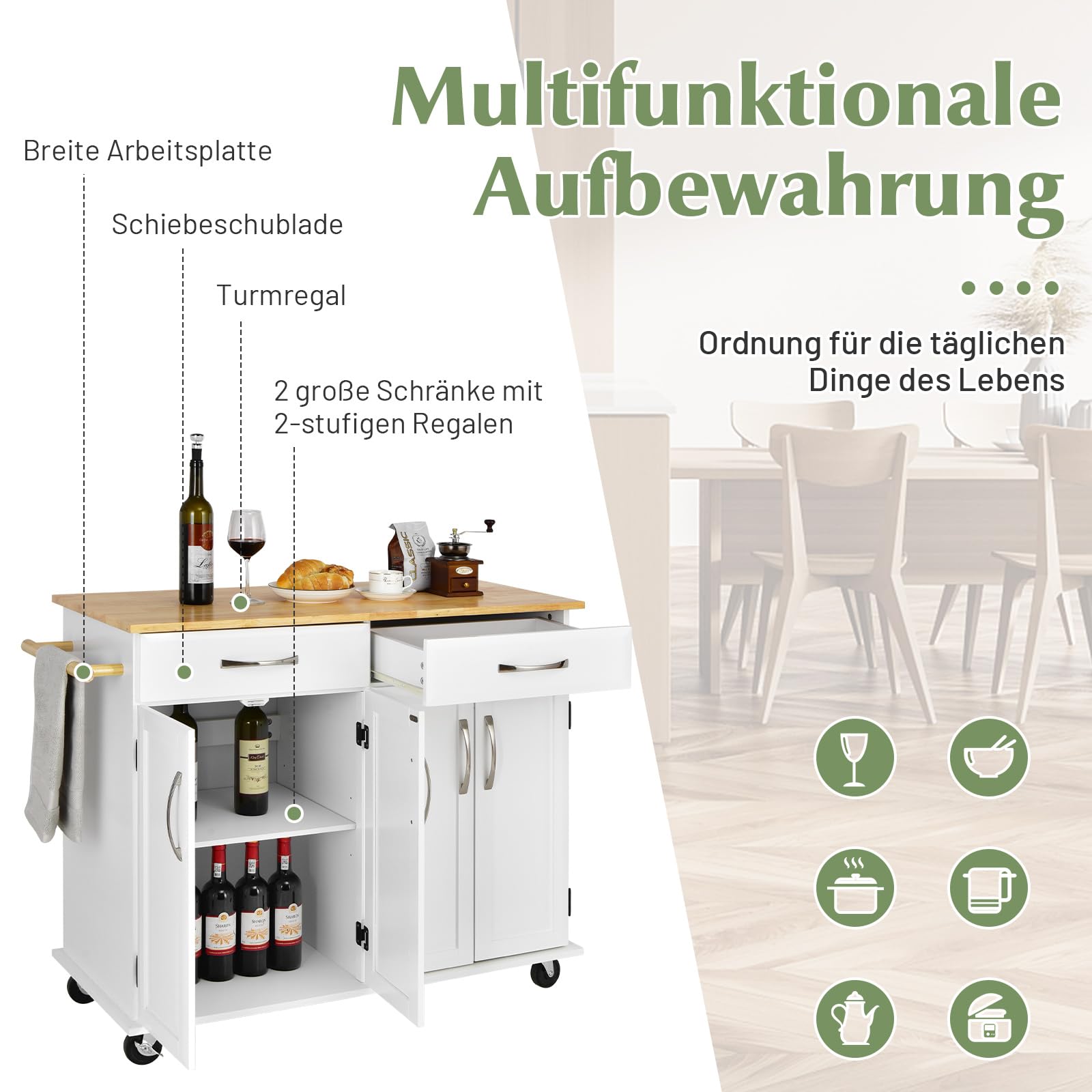 COSTWAY wózek kuchenny na kółkach, wózek do serwowania z blatem roboczym i uchwytem na ręczniki oraz szufladami i regulowanymi półkami, drewniana wyspa kuchenna, szafka kuchenna na kółkach, do kuchni