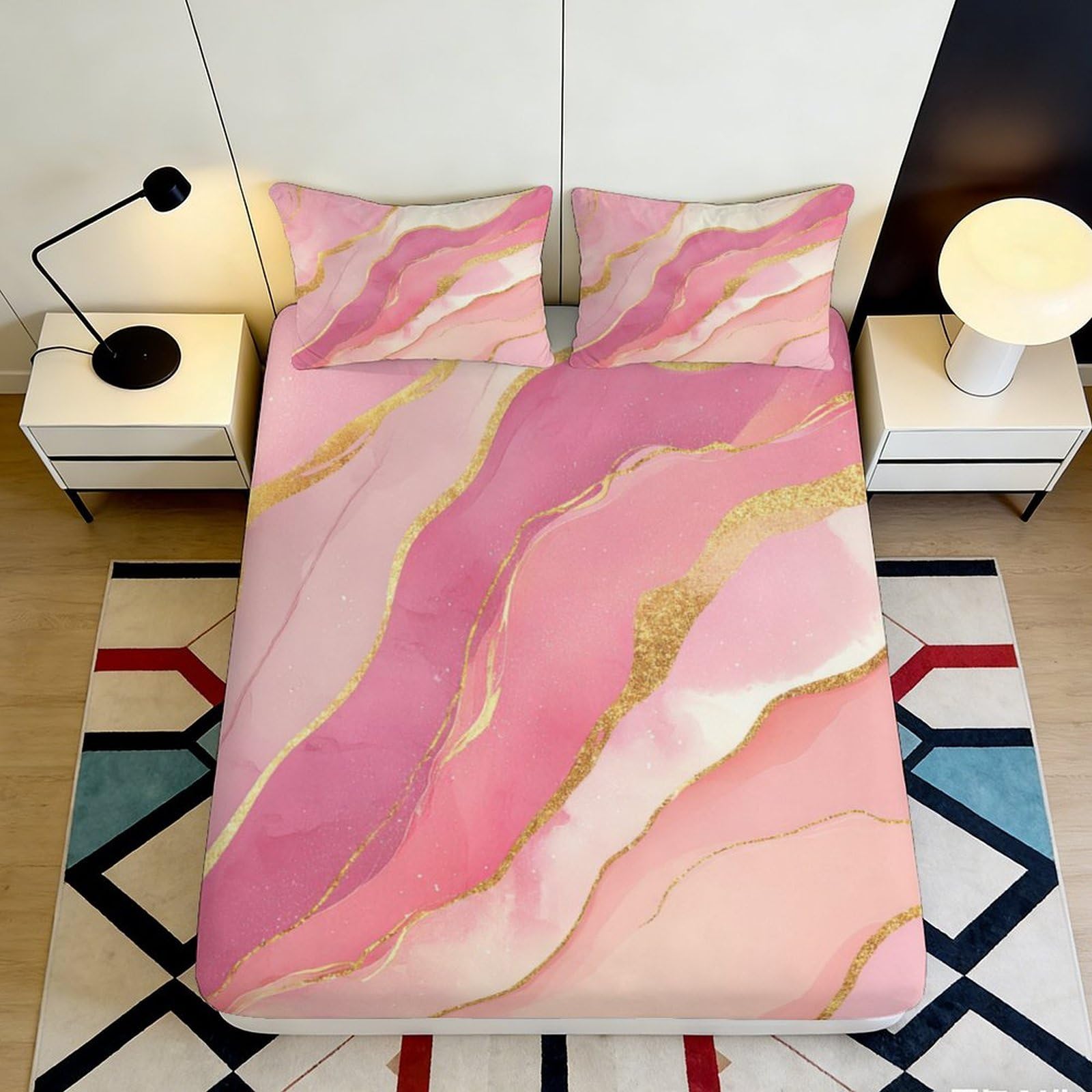 3D Printed Pink Marble Fitted Sheet Microfiber Soft Gold Vein Bed Cover for Bedroom Guest Room Dustproof Washable 90x200x25cm