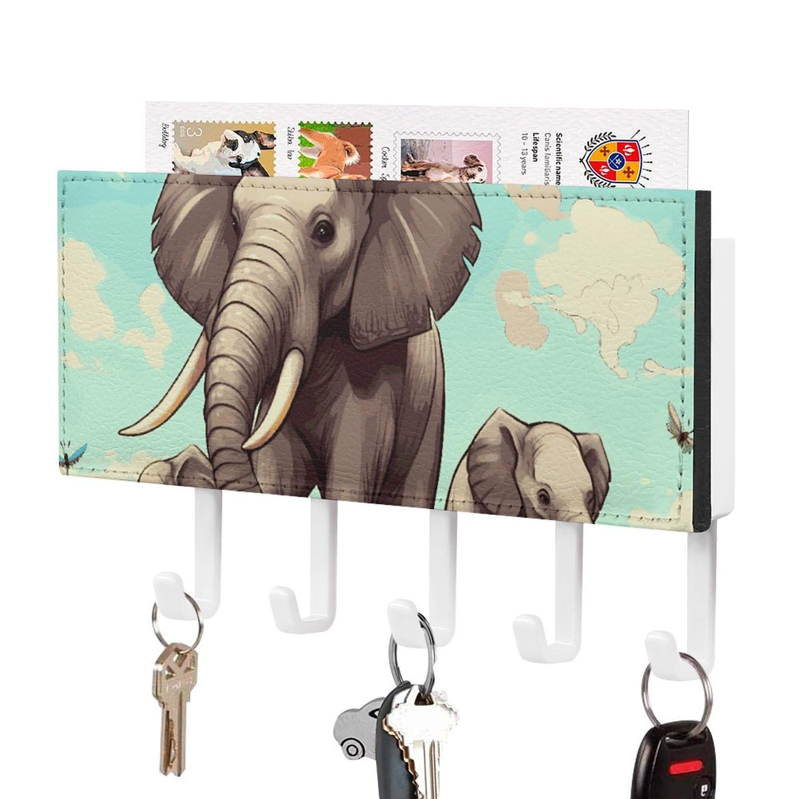JTREHY Elephants Holder Wall-Mounted Key and Mail Holder,Key Rack with 5Keys Hooks, Easy to Install Mail Organizer for Entryway, Front Door, Hallway, Office