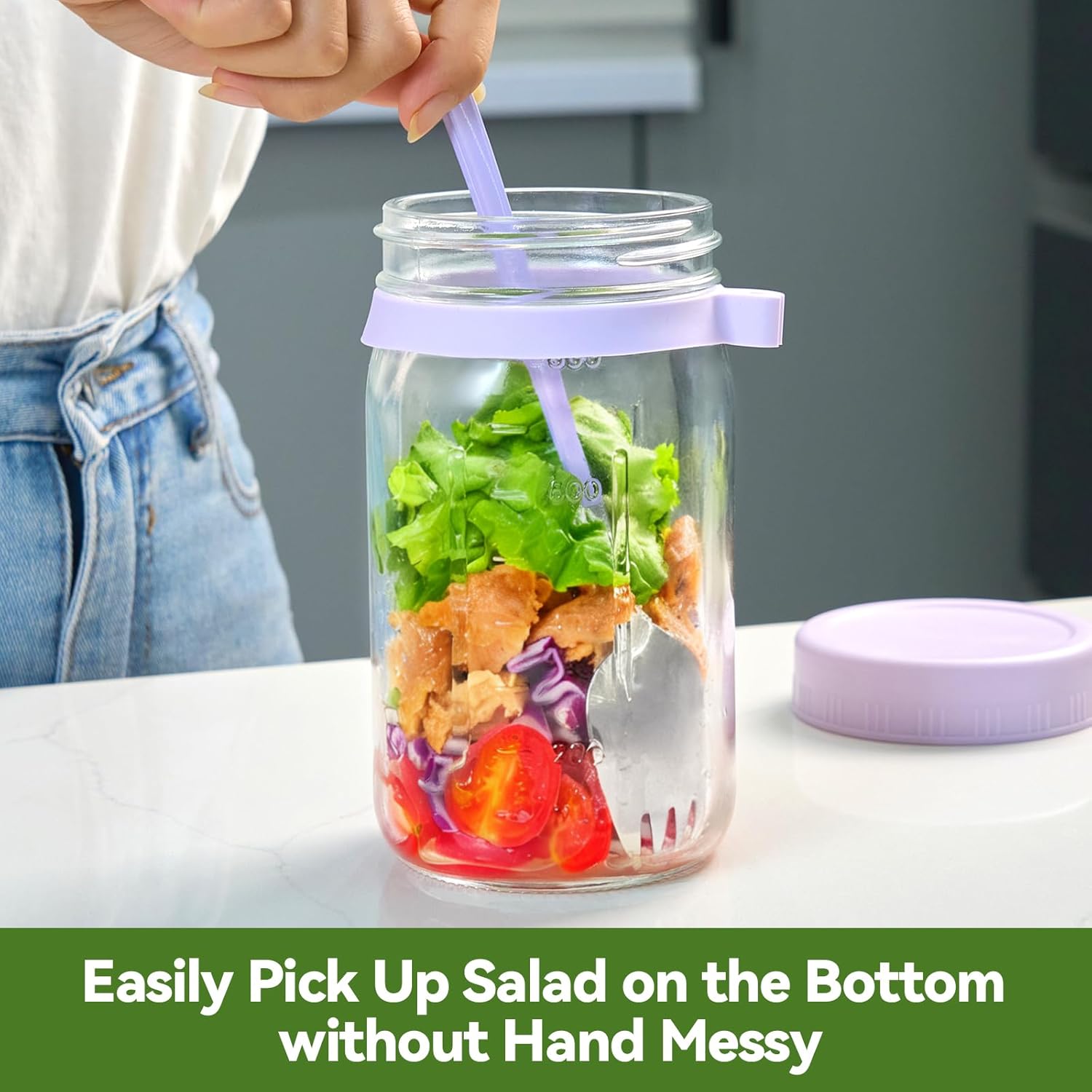 4 Pack Glass Salad Mason Jars with Dressing Cup and Spork, 32 oz Mason Jars Salad Container with Lids Meal Prep for Lunch, 2 Insert Separate Cups with Divider for Dressing & Dry Ingredients - Image 4