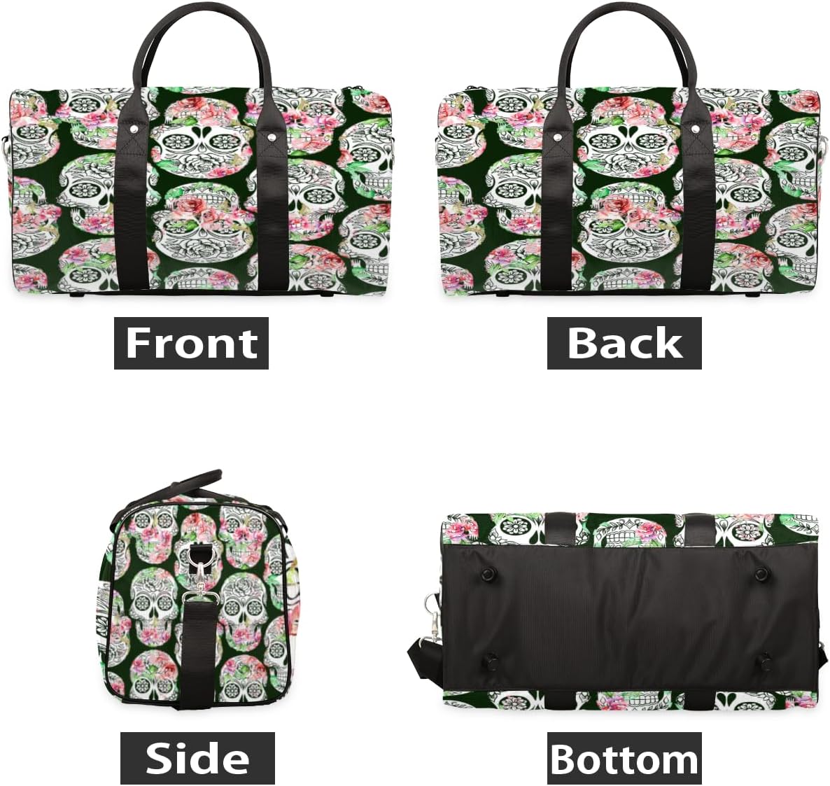 Flower Skulls Travel Duffel Bag for Women Men Large Capacity Overnight Weekender Bags for Lightweight Waterproof Sport Gym Bag for Workout Yoga Swim
