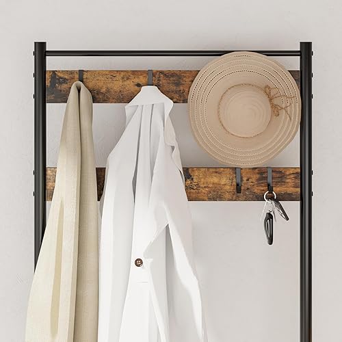 Miniatura 5 de AEPOALUA Árbol de pasillo con banco y almacenamiento de zapatos, 3 en 1, perchero con banco de zapatos con marco de metal, 9 ganchos extraíbles,