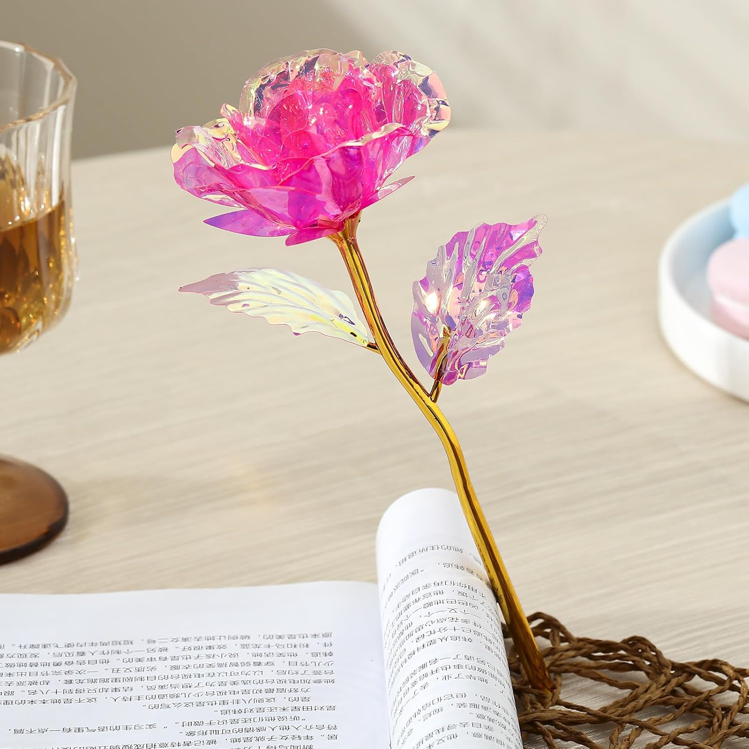 20PCS Artificial Colorful Flowers Galaxy Rose Crystal Flower Glass Rose Gifts for Wedding, Mother' s Day Memorable Days, Pink