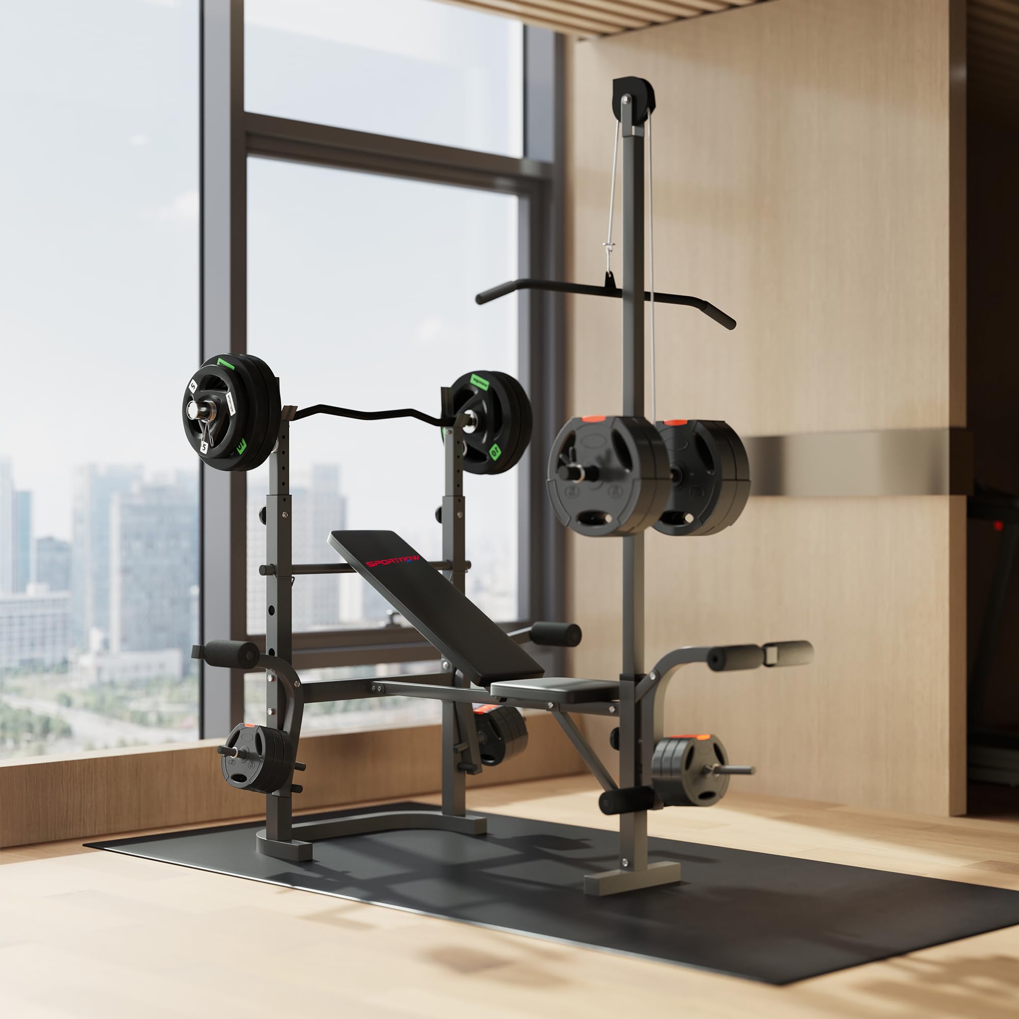 SPORTNOW Panca Palestra Multifunzione Regolabile con Rack Bilanciere, Panca Preacher Curl, Panca Pesi Inclinabile Piana con Leg Extension, Barra Lat Pull Down, Allenamento Palestra Casa, Nero