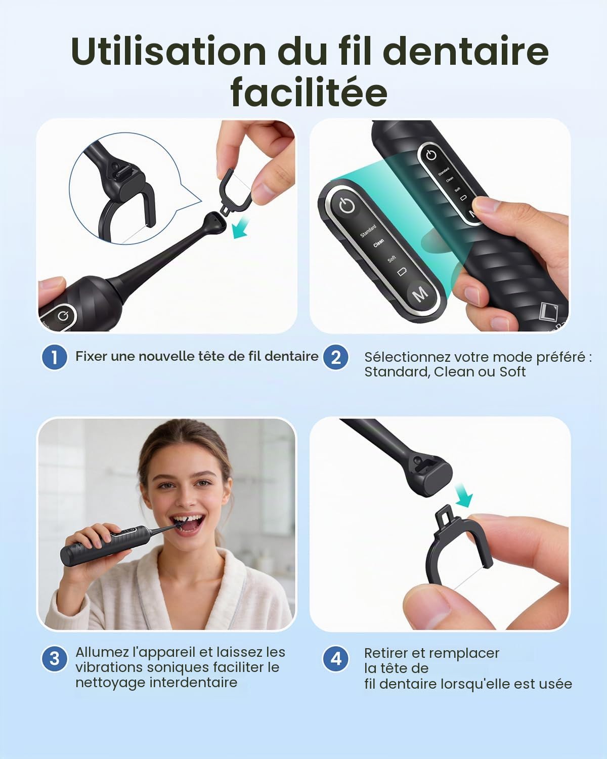 LifeBasis Fil Dentaire Électrique Rechargeable, Fils Dentaire avec 50 Têtes de Rechange Réutilisables et Étanche IPX7, Alternative Compacte au Jet Dentaire, Idéal pour Adultes et Voyage