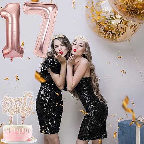 Miniatura 5 de 8 decoraciones de cumpleaños número 17 para niñas, incluye adorno para pastel de cumpleaños de 17 años, banda de reina de cumpleaños con alfiler de