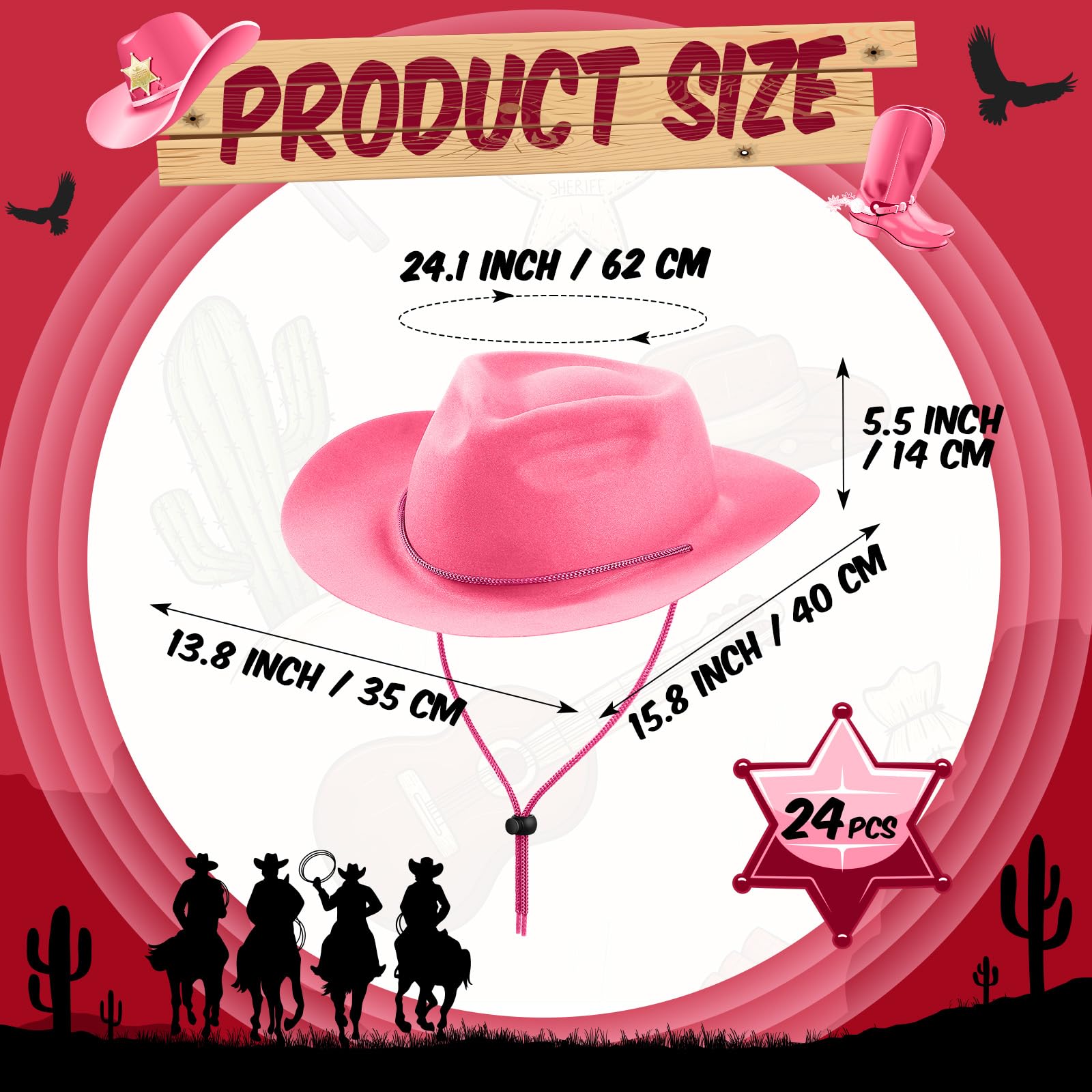 Mepase - Juego de 24 sombreros de ala ancha de vaquero desechables de plástico, para hombres y mujeres, fiesta de disfraces, rosa