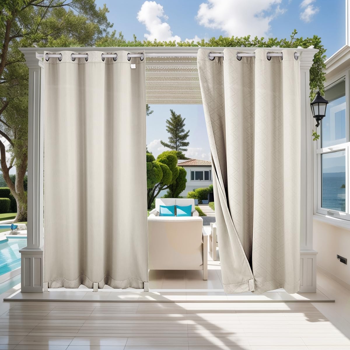 ele ELEOPTION Rideau Extérieur Imperméables Protéger Contre UV Isolants Thermiques, avec Perforations, Adaptés aux Jardins, Terrasses, Pergola, Balcons, Texturé 3D Blanc Cassé, 1 Pièce / 132 X 213cm