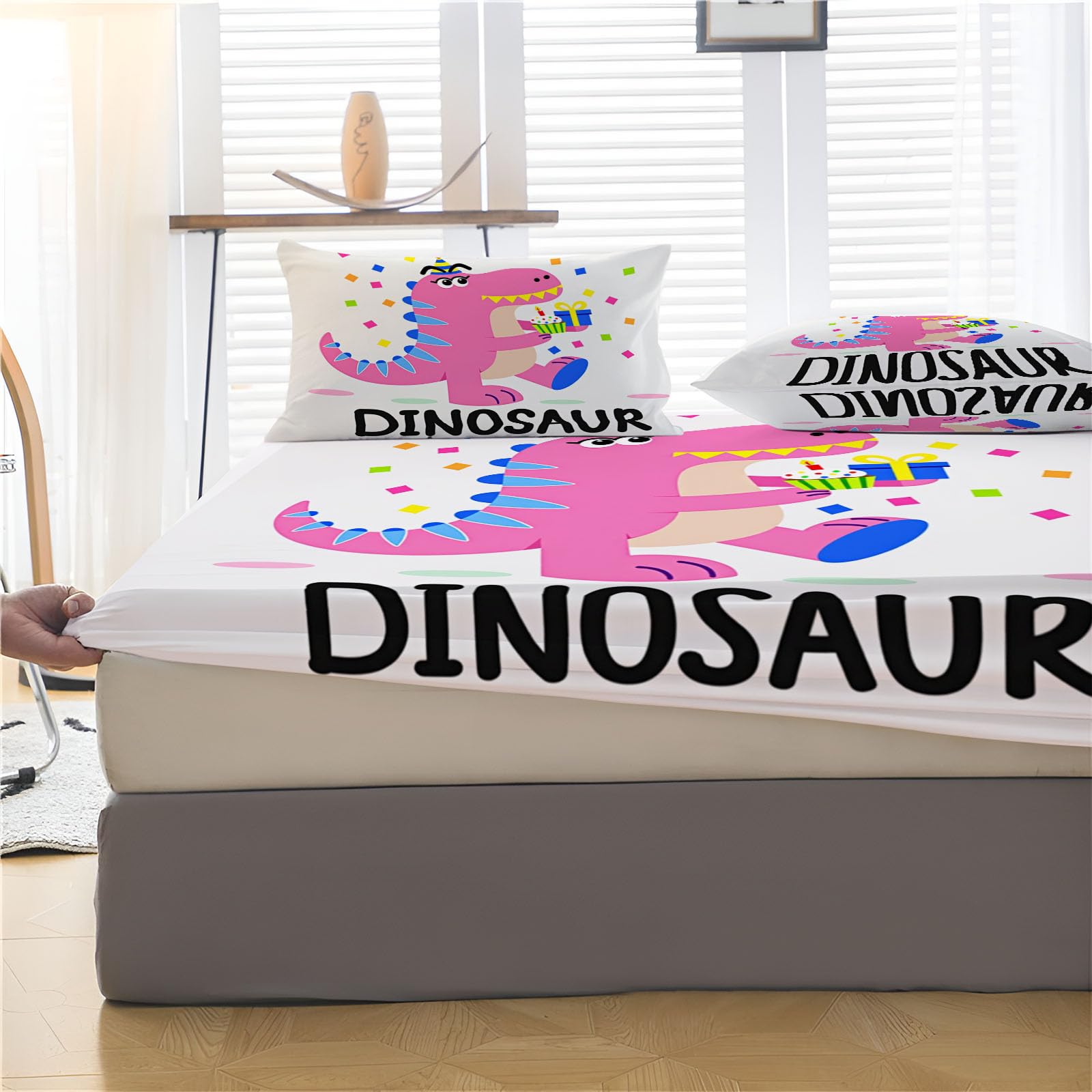 Drap Housse Bonnet 30 Cm, Ajustable Housse Matelas 3 Personne, Drap De Lit Poudre Blush Microfibre, Doux Respirant Machine, Motif De Dinosaure De Dessin Animé (Joyeux Anniversaire, 180X200Cm)